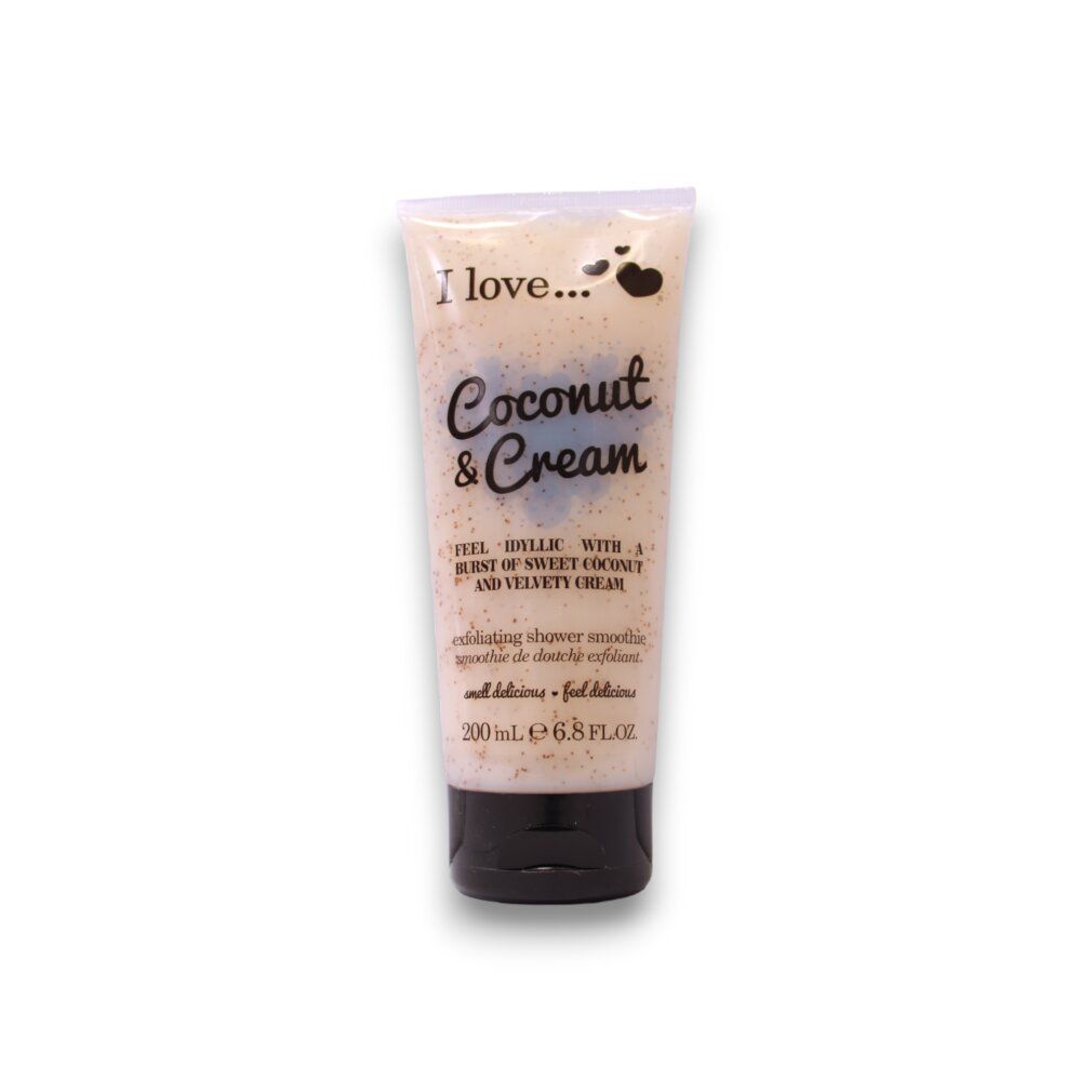Creme-Tube mit Produktnamen und Schriftzug. Schwarzer Deckel. Text: Coconut & Cream, 200 ml.