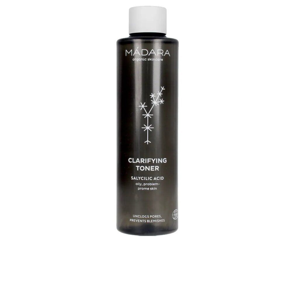 Dunkle Flasche mit weißem Deckel. Aufschrift: MÁDARA, Clarifying Toner, Salicylsäure. Für ölige, problematischer Haut.