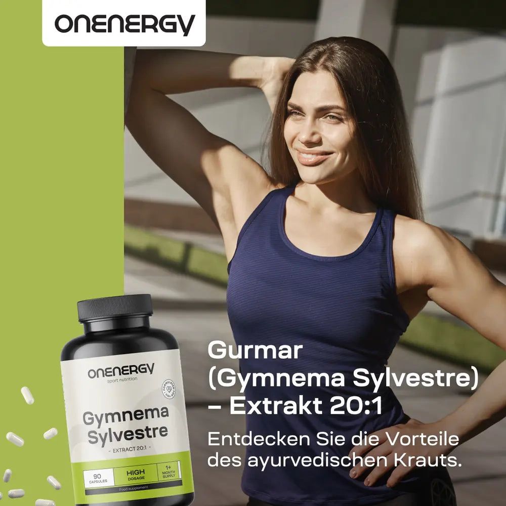Produktflasche neben Frau. Aufschrift: OnEnergy, Gymnema Sylvestre Extrakt 20:1. Text: Entdecken Sie die Vorteile des ayurvedischen Krauts.