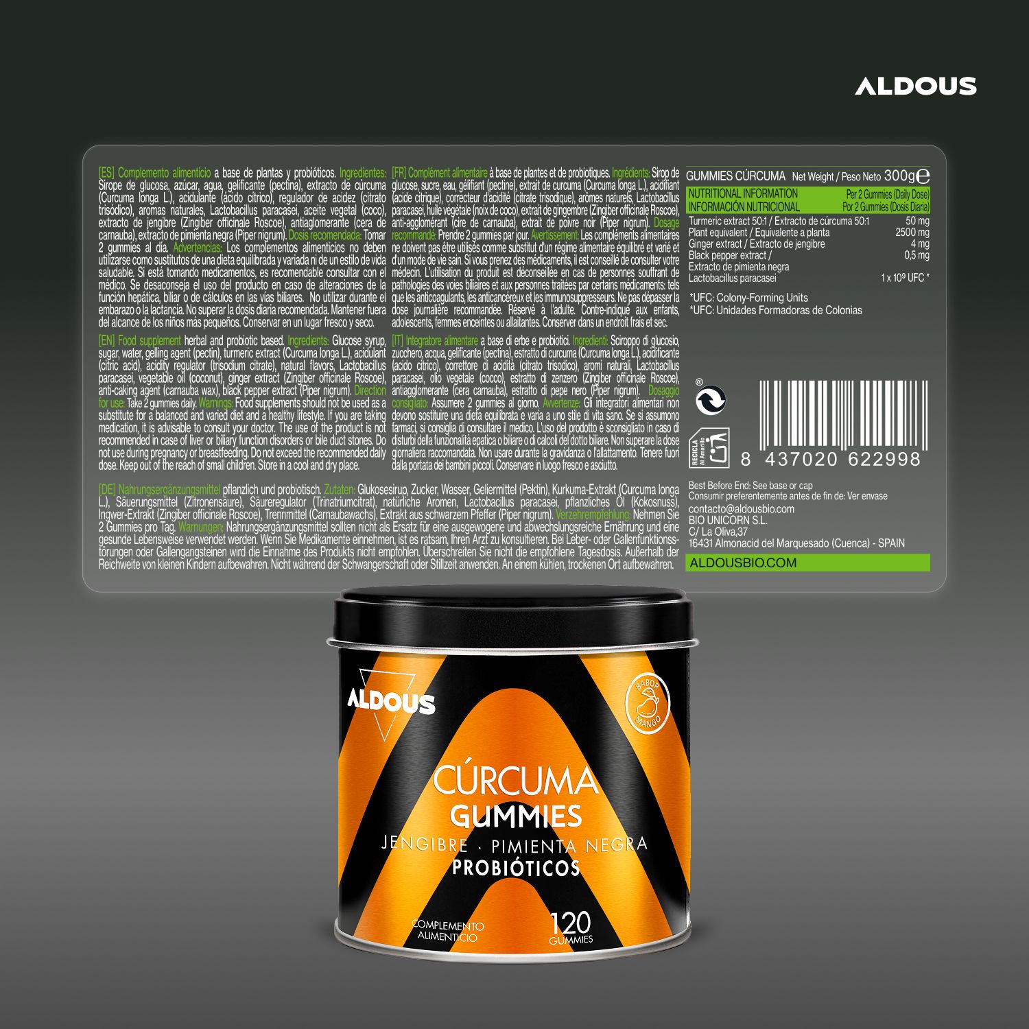 Aldous Curcuma Gummies in runder Dose mit schwarzem und orangefarbenem Design. Enthält 120 Gummis.
