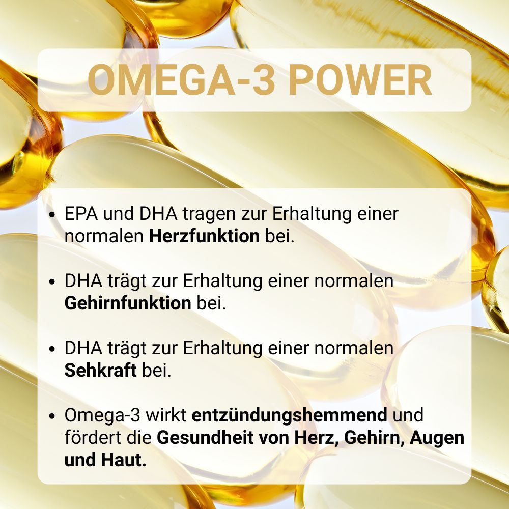 Text: Omega-3 Power. EPA und DHA tragen zur Erhaltung einer normalen Herzfunktion bei. DHA trägt zur Erhaltung einer normalen Gehirnfunktion bei.