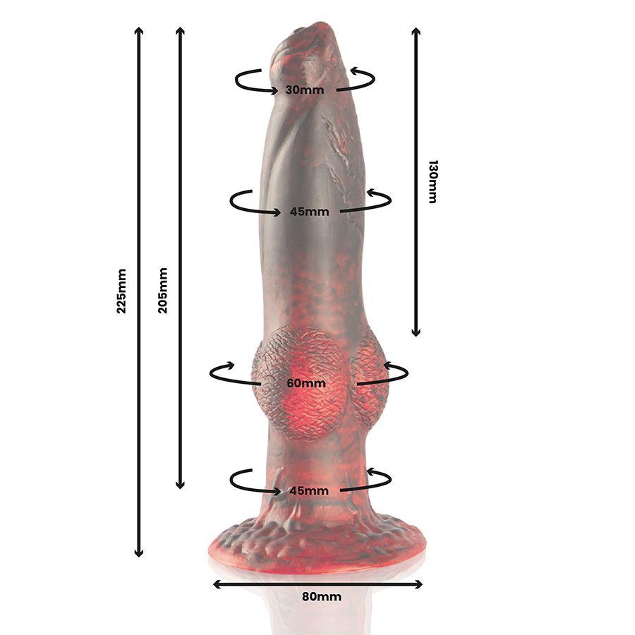 Dildo in Rot und Schwarz mit strukturierten Oberflächen. Abmessungen: 225mm hoch, 80mm breit, 130mm lang. Mit Maßangaben.