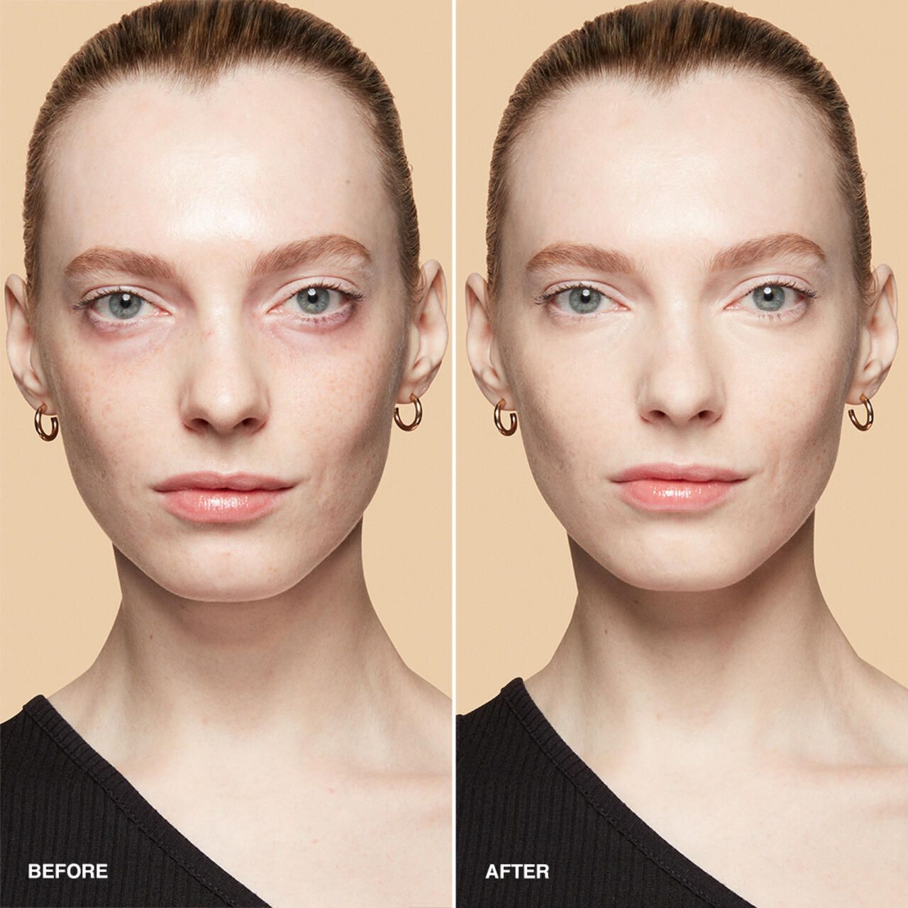 Vorher-Nachher-Vergleich. Gesicht einer Frau vor und nach der Anwendung von Concealer. Helle Haut, Augenringe, dann ebenmäßiger Teint.