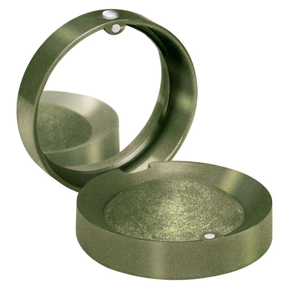 Runder, grüner Lidschatten-Behälter mit Spiegel. Offen, Lidschatten sichtbar. Kleiner, runder Behälter mit Spiegel.
