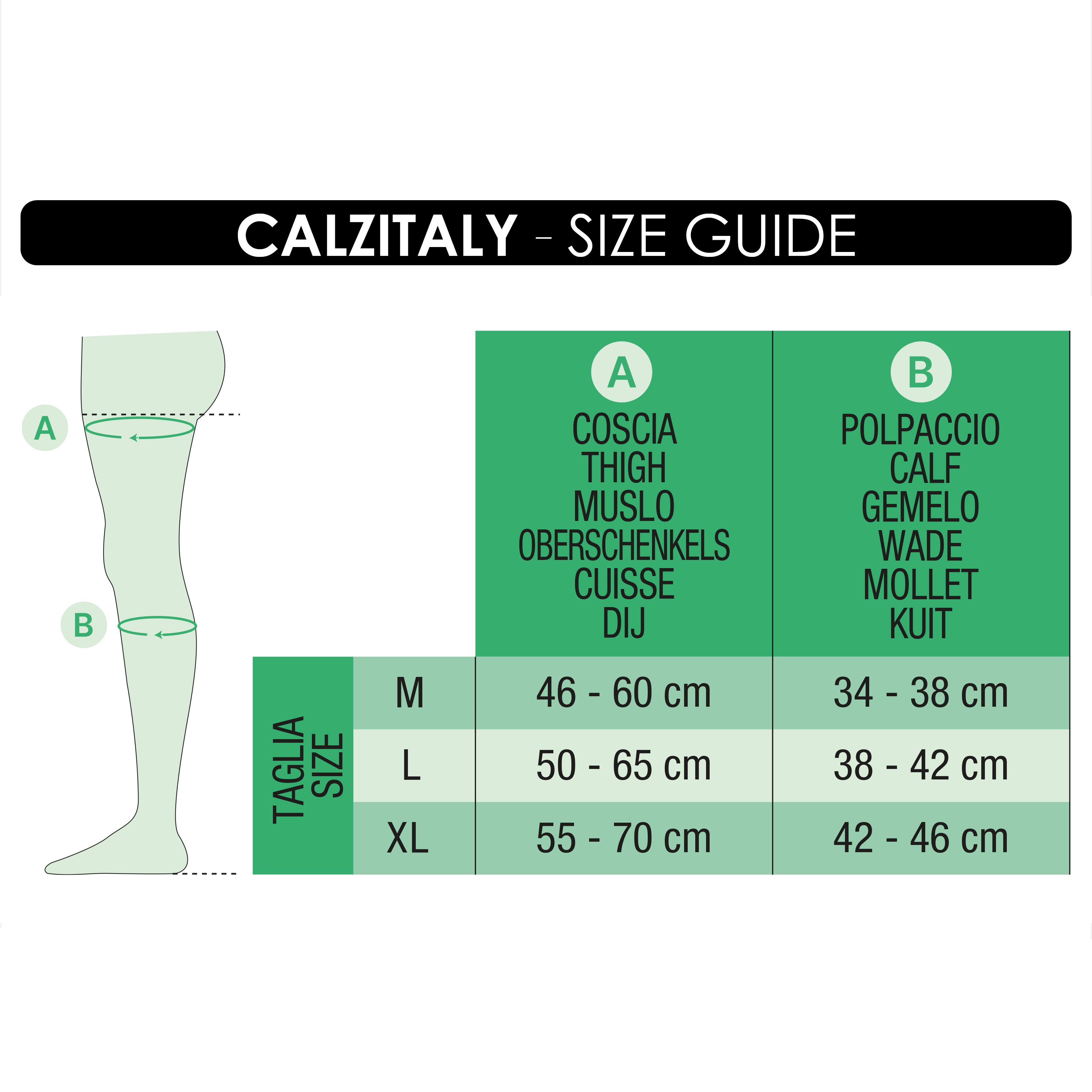 CALZITALY Größentabelle. Maße für Oberschenkel und Wade in cm.
