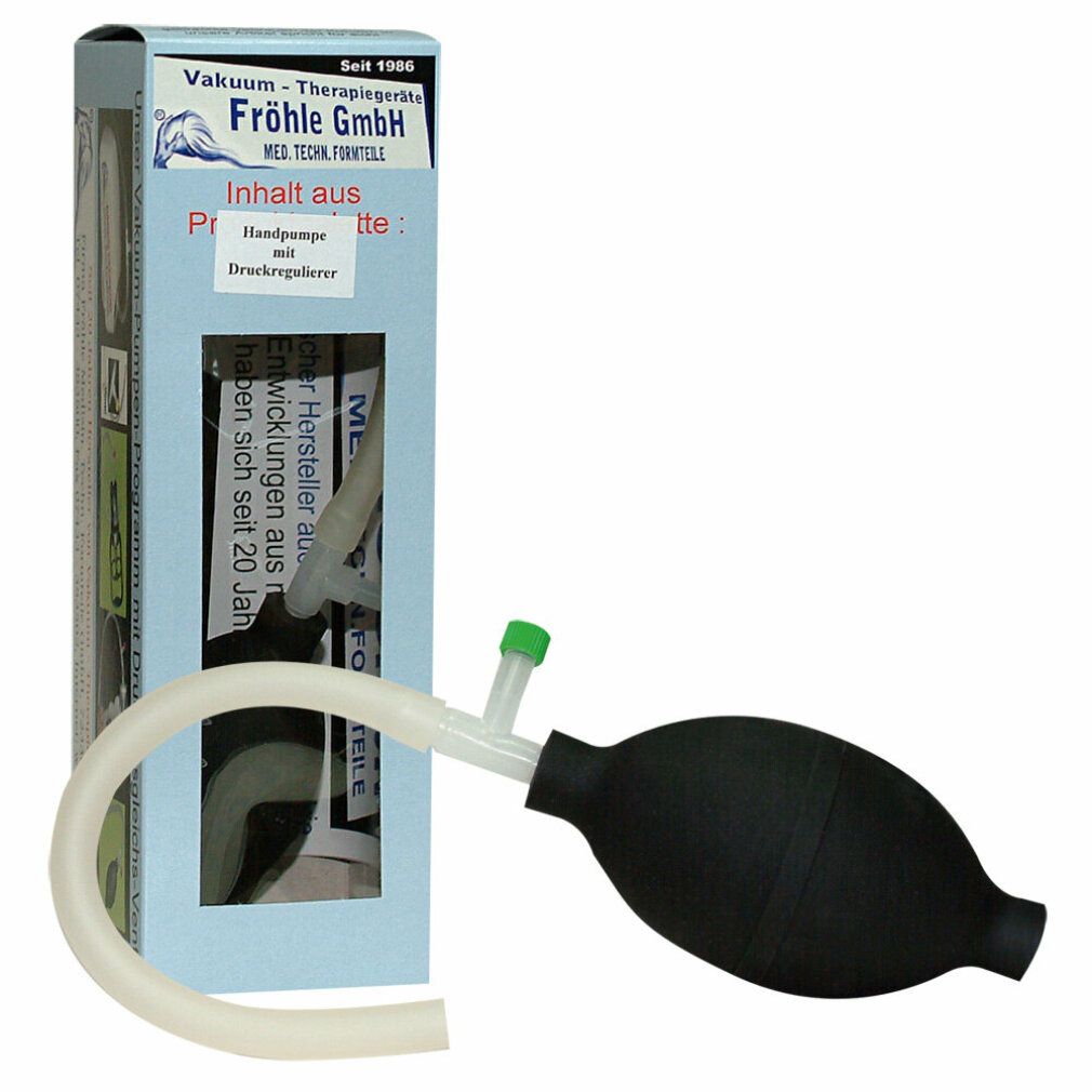 Produktverpackung mit schwarzer Ballpumpe, transparentem Schlauch und grünem Ventil. Enthält auch Anweisungen.