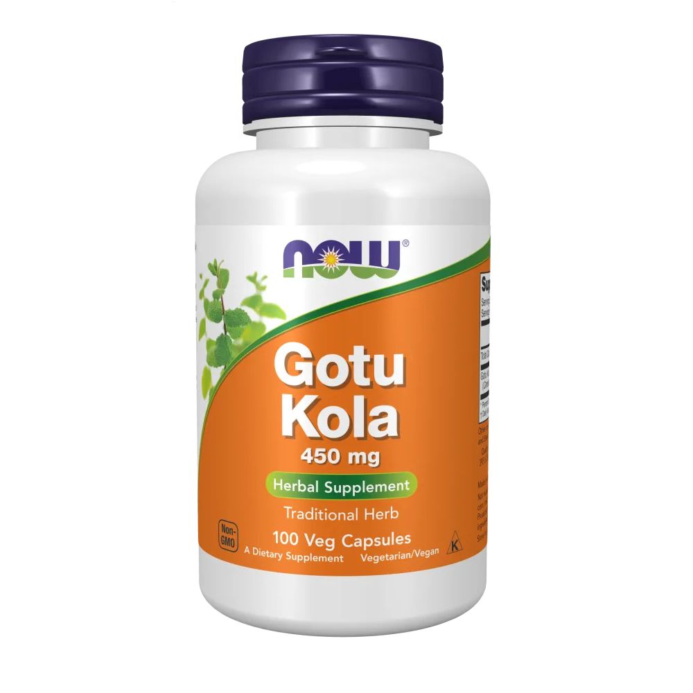Weiße Flasche mit blauem Deckel. Aufschrift: Gotu Kola, 450 mg, Herbal Supplement, 100 Veg Capsules.