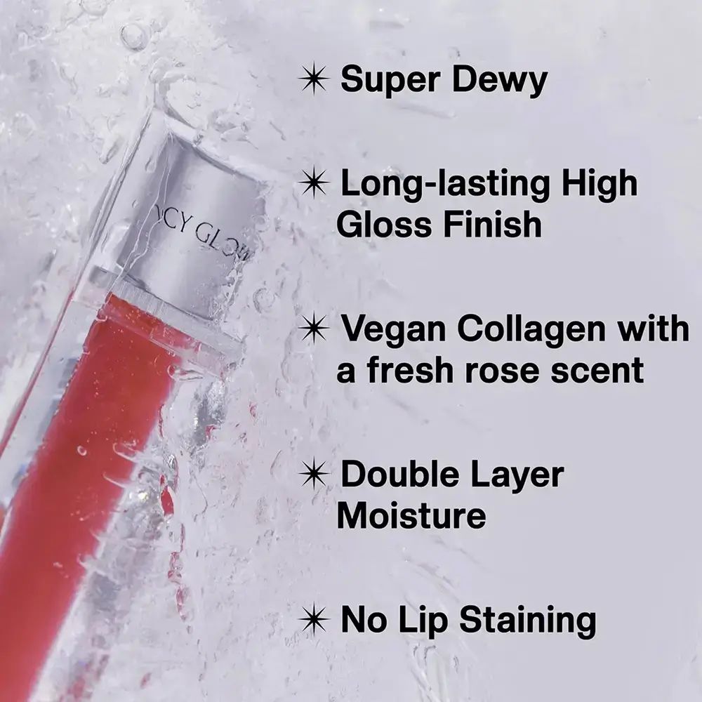 Nahaufnahme einer Lippenstiftflasche. Text: 'ICY GLOW' und Produktmerkmale: 'Super Dewy', 'Long-lasting High Gloss Finish', 'Vegan Collagen', 'Double Layer Moisture', 'No Lip Staining'.
