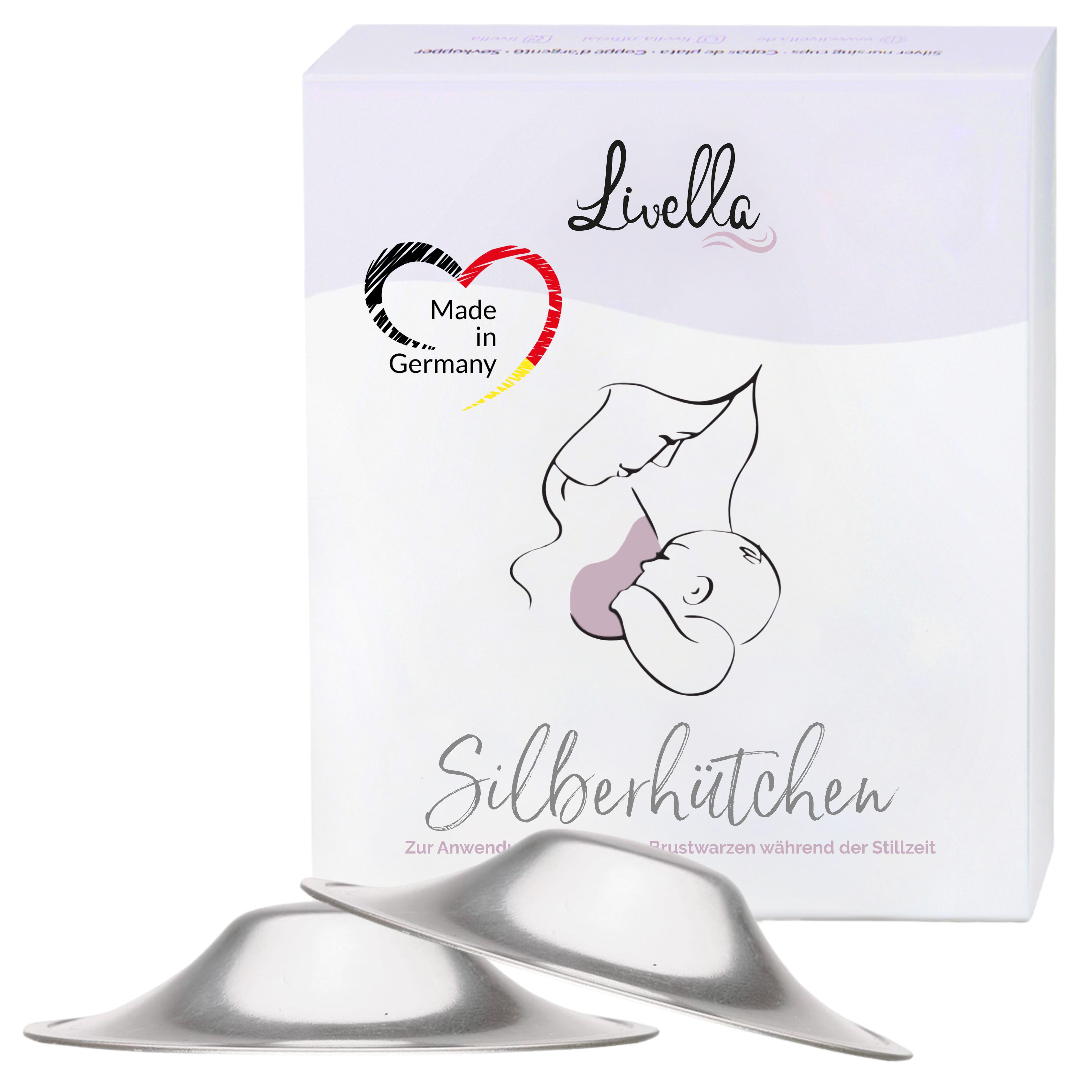 Verpackung mit Produktname "Livella Silberhütchen". Zwei silberne Brusthütchen liegen davor. Logo "Made in Germany".