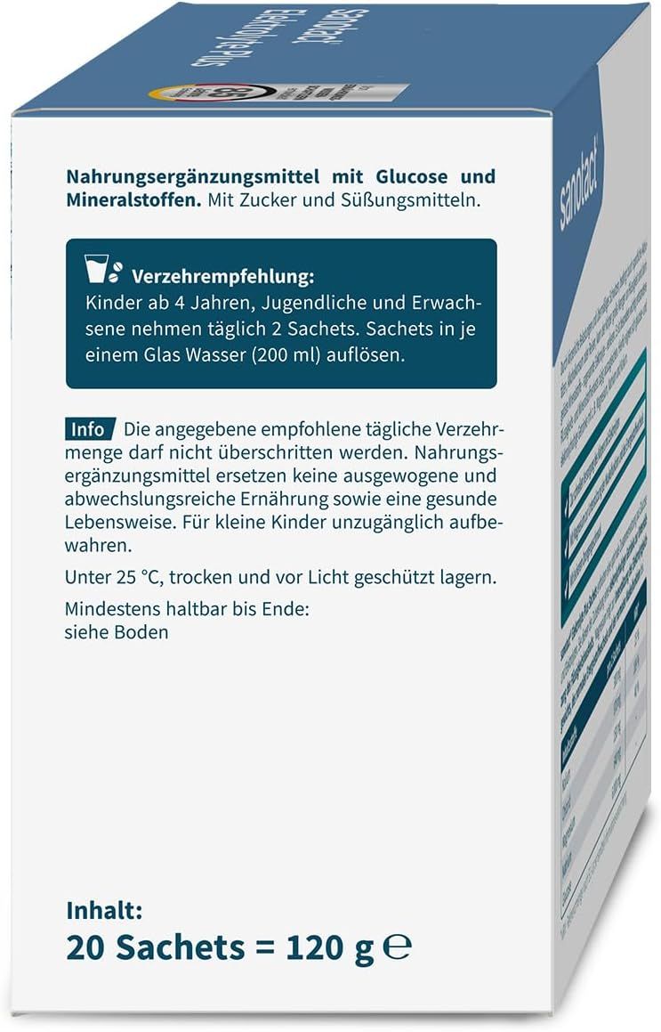 Rückseite der Verpackung von sanotact Elektrolyte Plus. Enthält Informationen zur Dosierung und Lagerung.