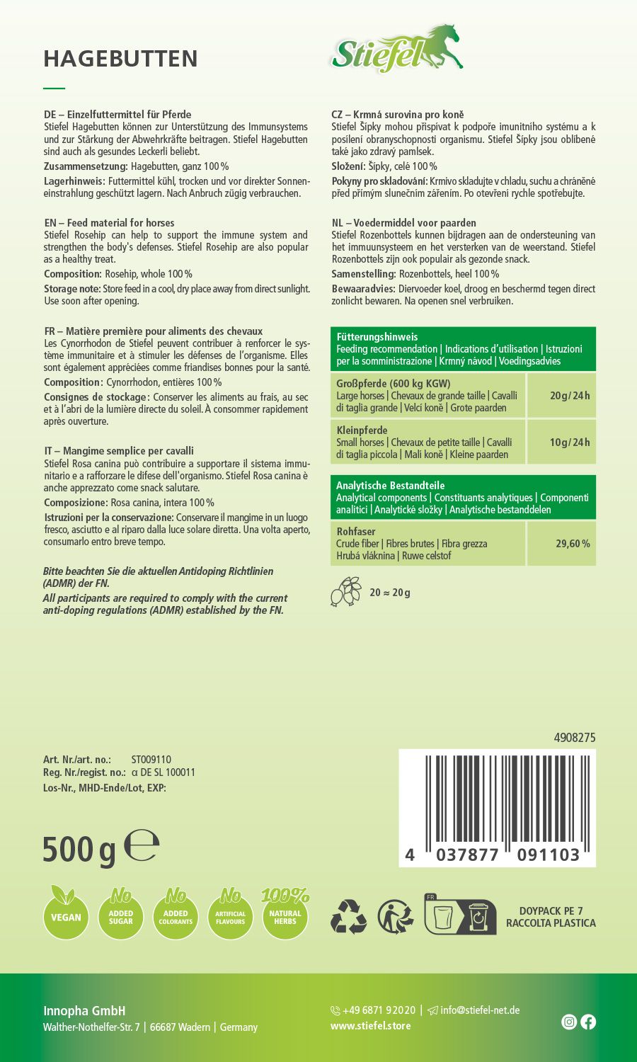 Rückseite der Stiefel Hagebutten Verpackung. Text in Deutsch, Tschechisch, Englisch, Italienisch, Niederländisch. Siegel: Vegan, ohne Zucker, ohne Aromen, natürlich.