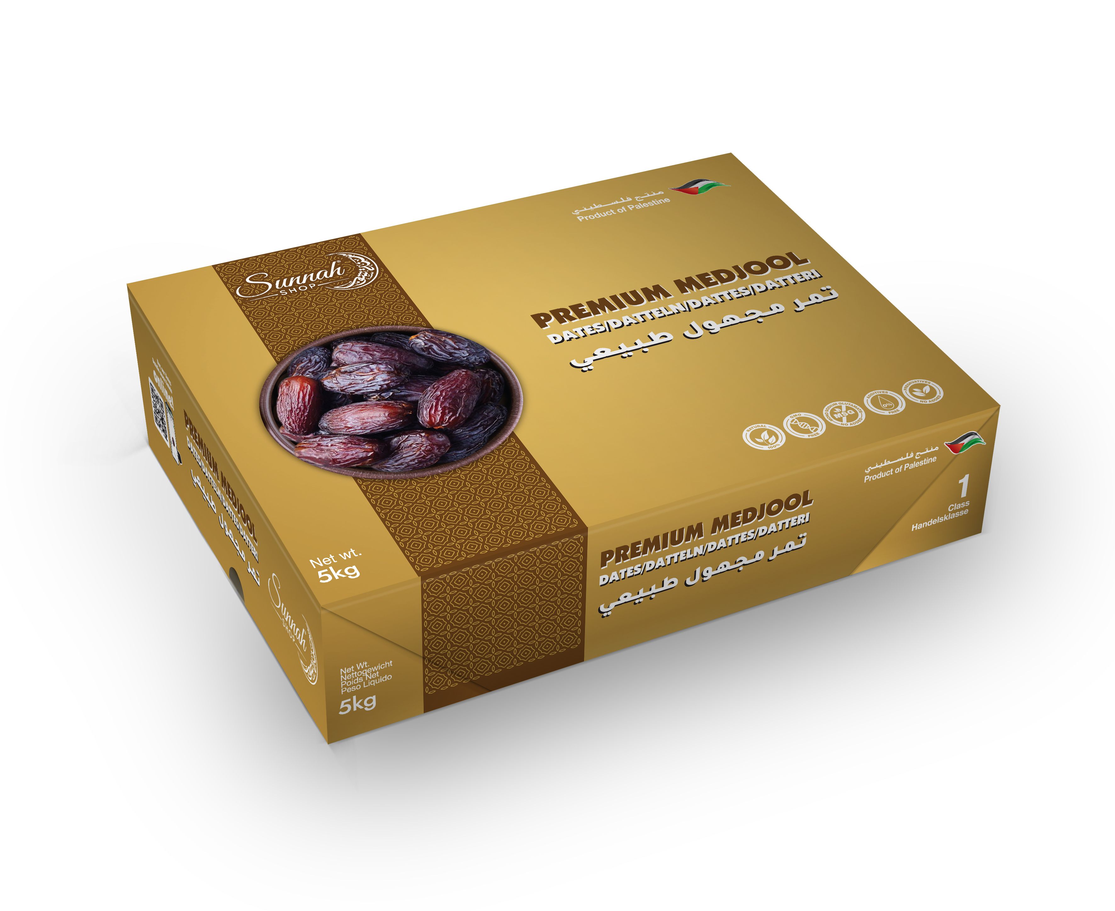 Goldfarbene Verpackung für Premium Medjool Datteln. Produktname und Logo sichtbar. Netto 5kg.