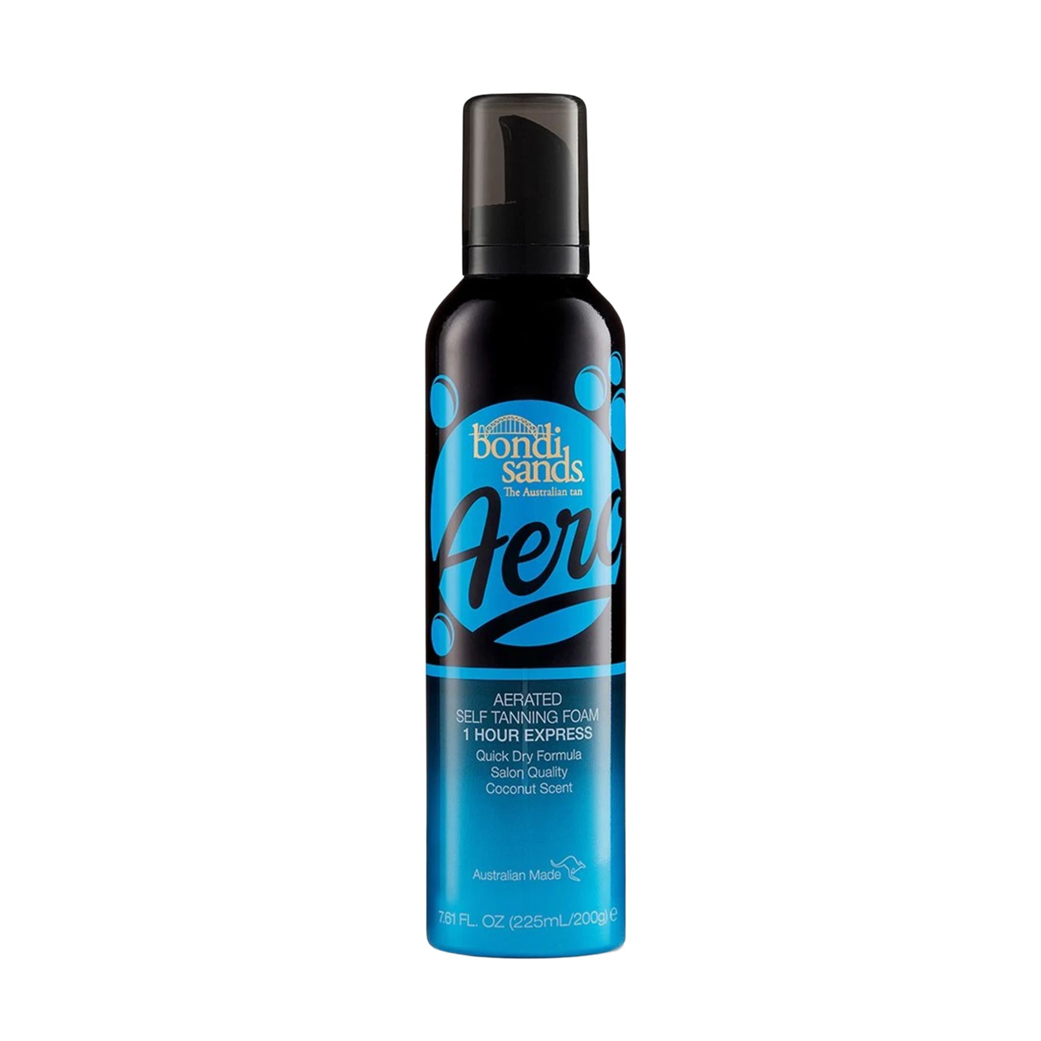Flacon noir avec étiquette bleue. Inscription : Bondi Sands Aero, mousse autobronzante. Avec pompe.