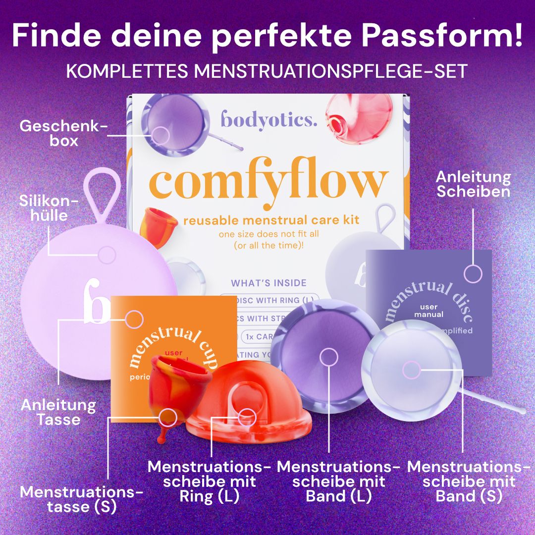 Ein Set mit Menstruationstassen und -scheiben in verschiedenen Größen und Farben, inklusive Hülle und Anleitungen.
