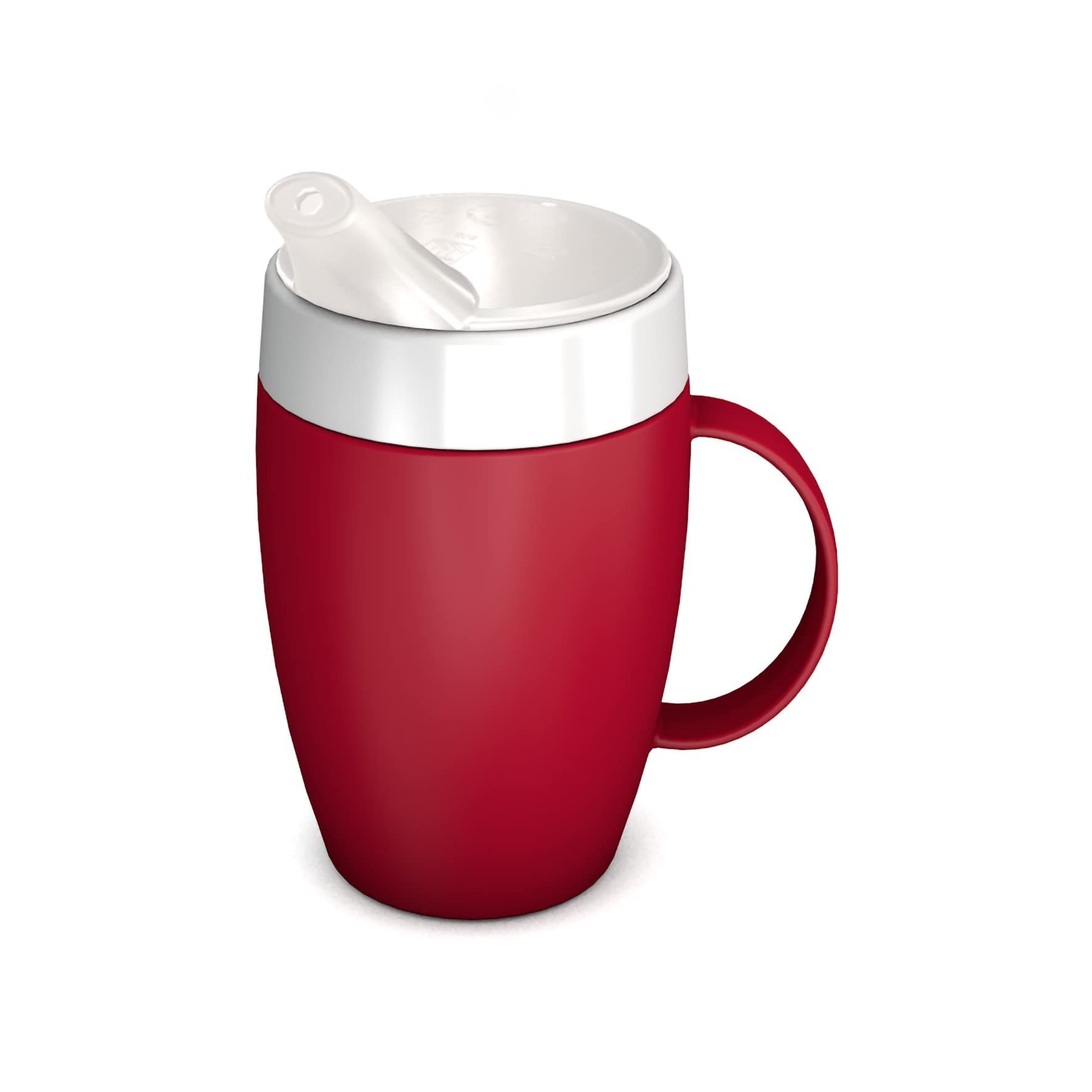 Roter Becher mit weißem Deckel und Trinkaufsatz. Kleiner Henkel. Aufsicht.