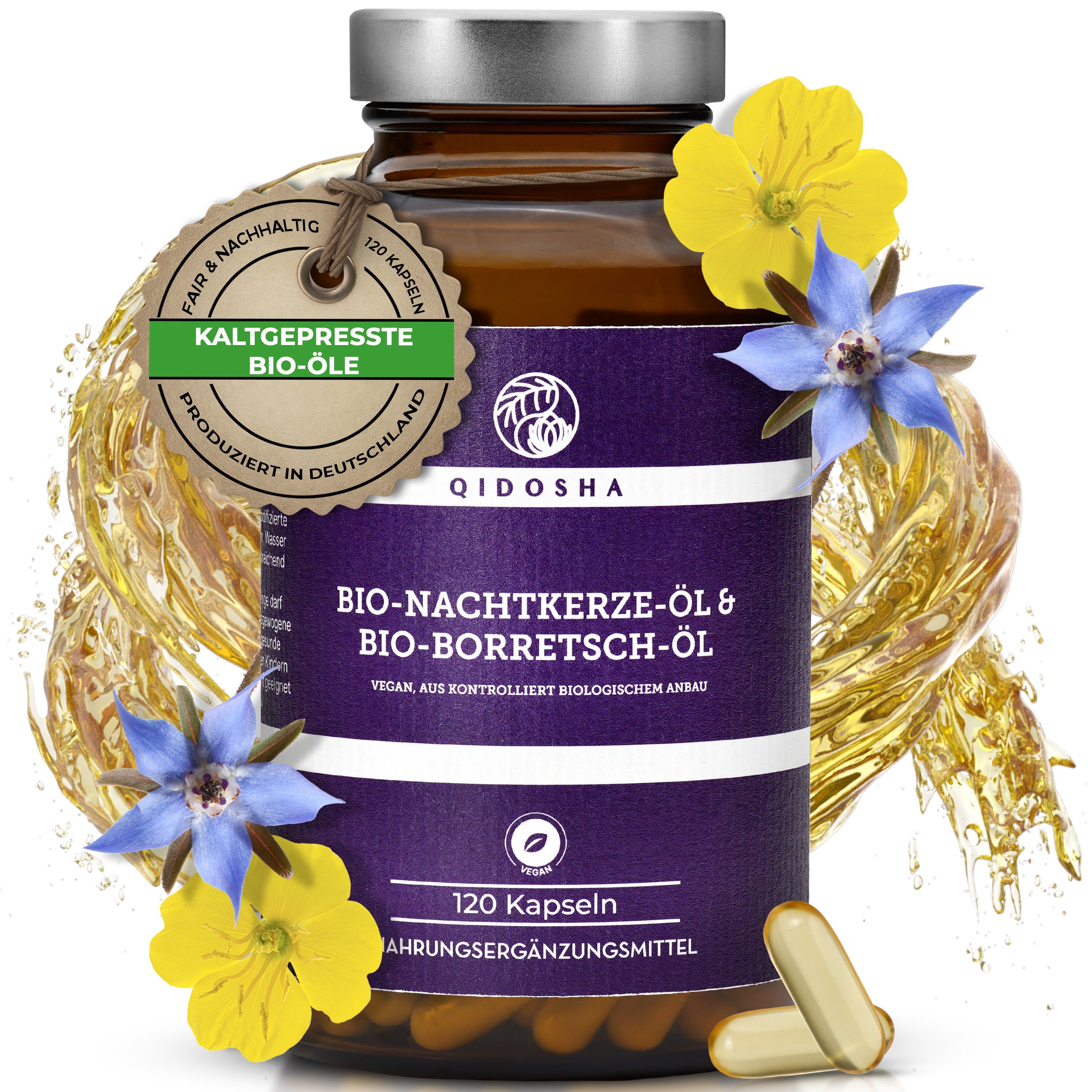 Qidosha Bio-Nachtkerze- & Bio-Borretsch-Öl Kapseln, 120 Stück. Kaltgepresste Bio-Öle, vegan.