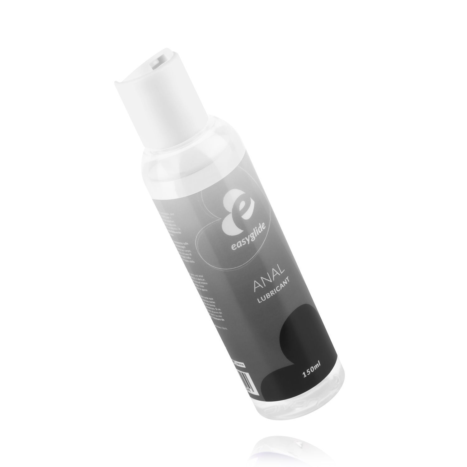 Schräg gestellte, transparente Flasche mit weißem Deckel. Etikett: Easyglide, Anal Lubricant, 150ml.