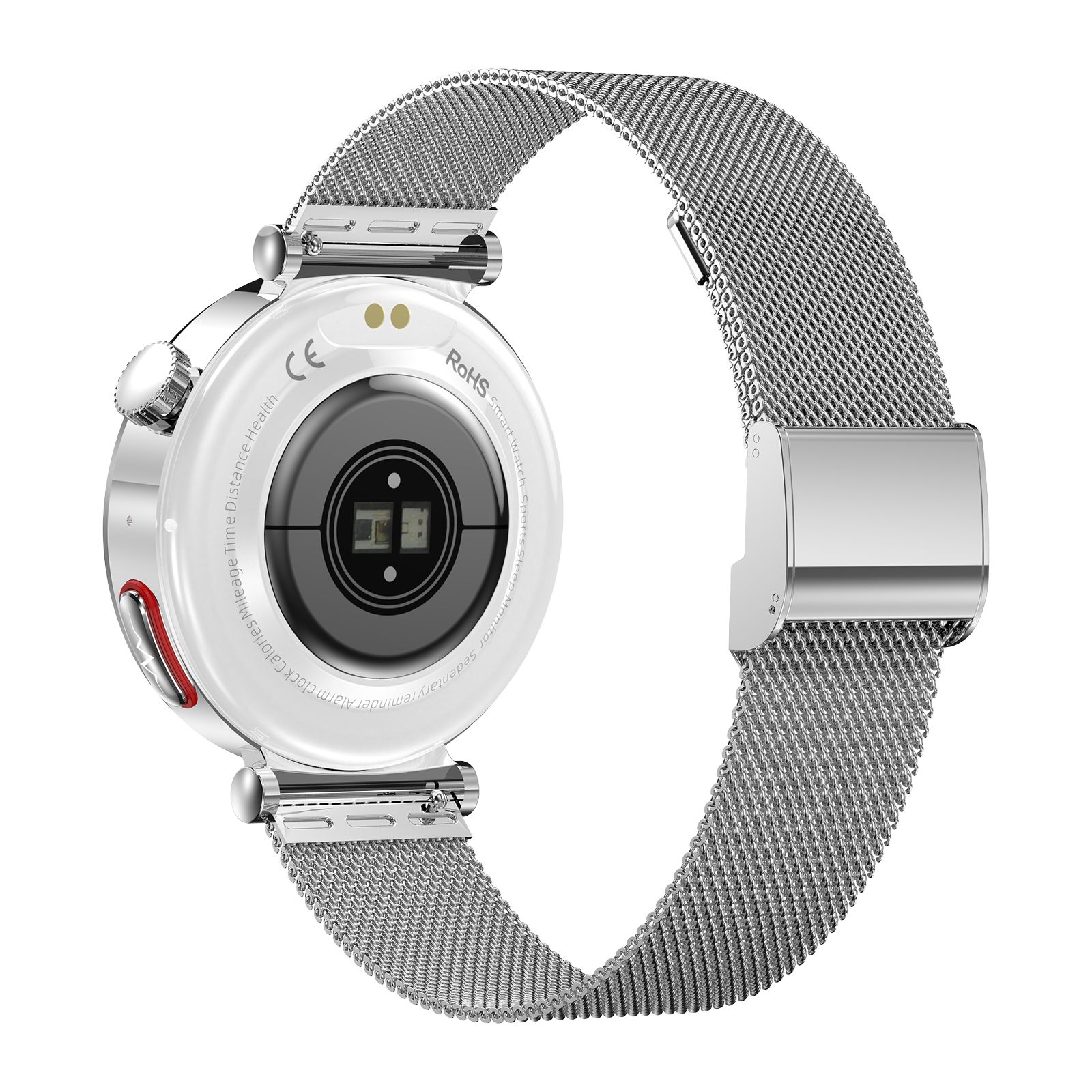 Rückseite einer silberfarbenen Smartwatch. Sichtbar: Sensoren, CE-Kennzeichnung, RoHS-Zeichen. Edelstahl-Armband.