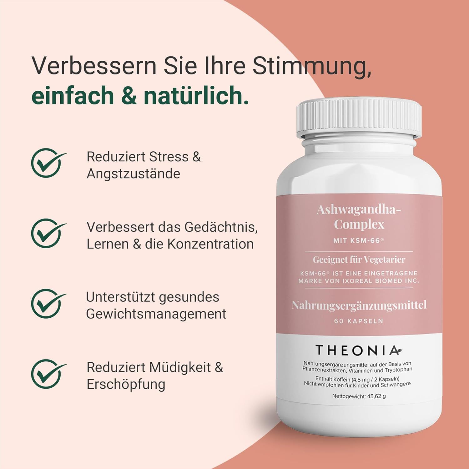 Weiße Flasche mit rosa Etikett. Aufschrift: Ashwagandha-Complex, 60 Kapseln, Theonia. Text: Reduziert Stress & Angstzustände, verbessert das Gedächtnis.