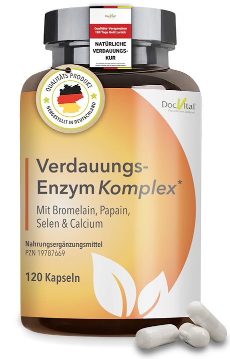Braune Flasche mit weißen Kapseln. Aufschrift: Verdauungs-Enzym Komplex, 120 Kapseln. Siegel: Qualitaetsprodukt, hergestellt in Deutschland.