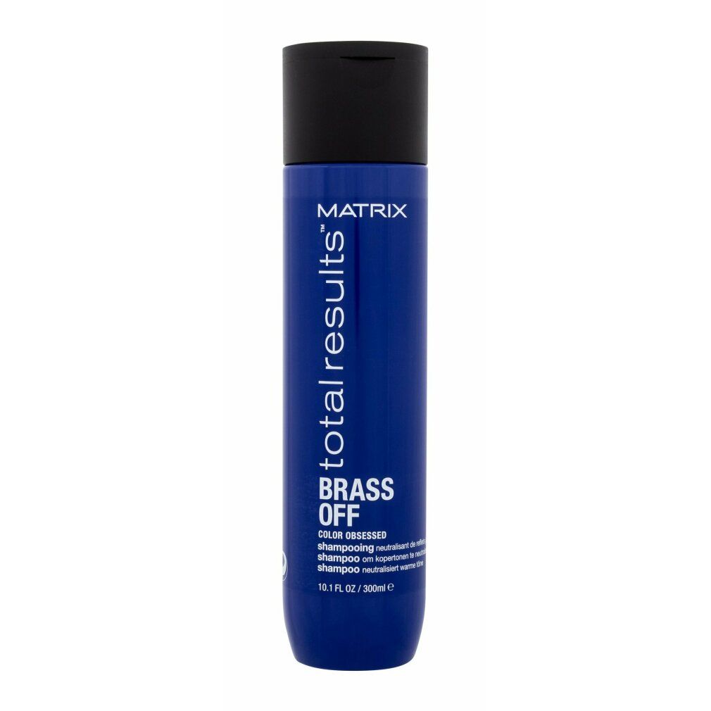 Blaue Shampoo-Flasche mit schwarzem Deckel. Aufschrift: Matrix Total Results Brass Off. 300ml.