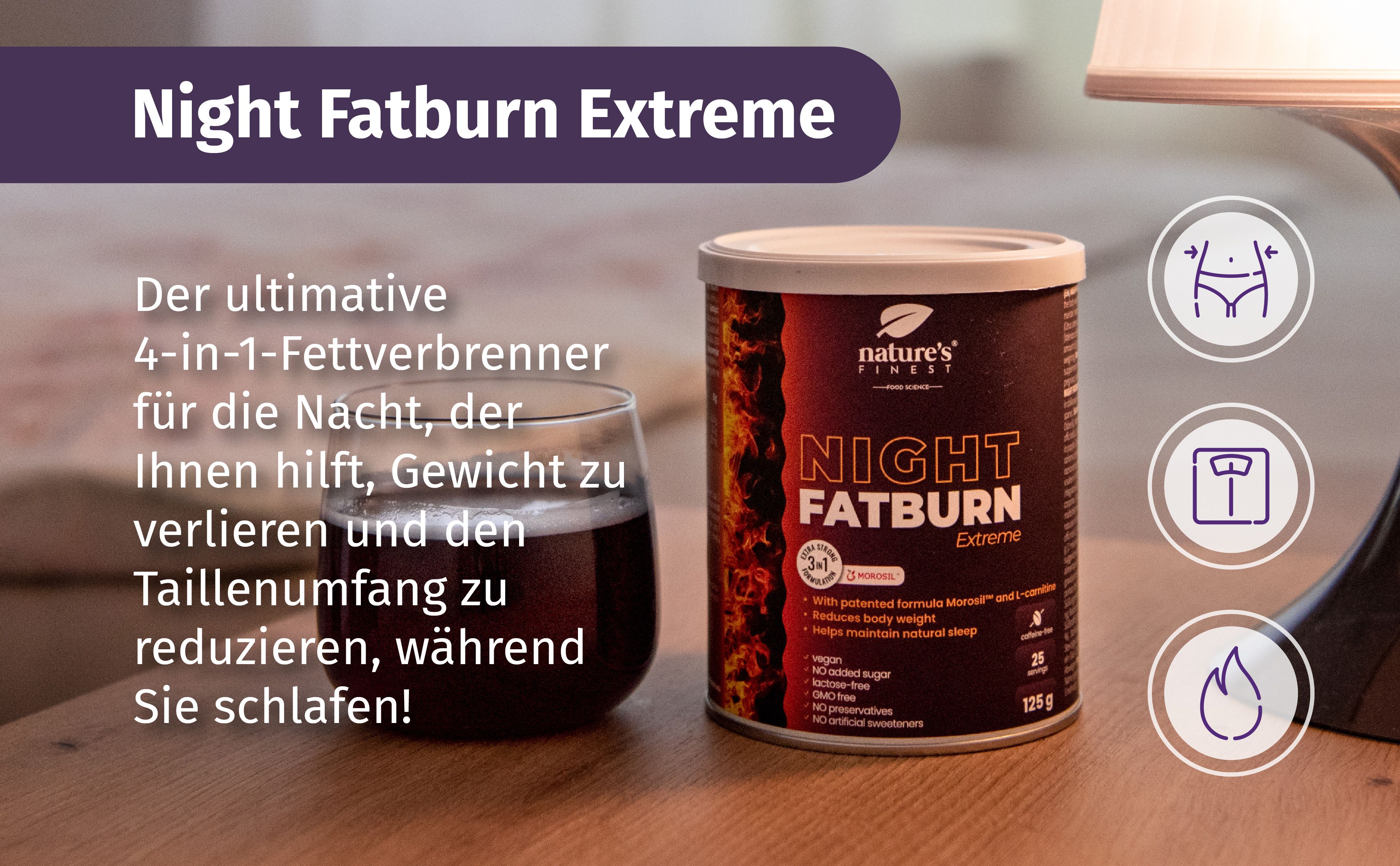 Nature's Finest Night FatBurn Extreme - Fatburner ultimative 4-in-1 Nacht-Fettverbrenner 125 g Pulver