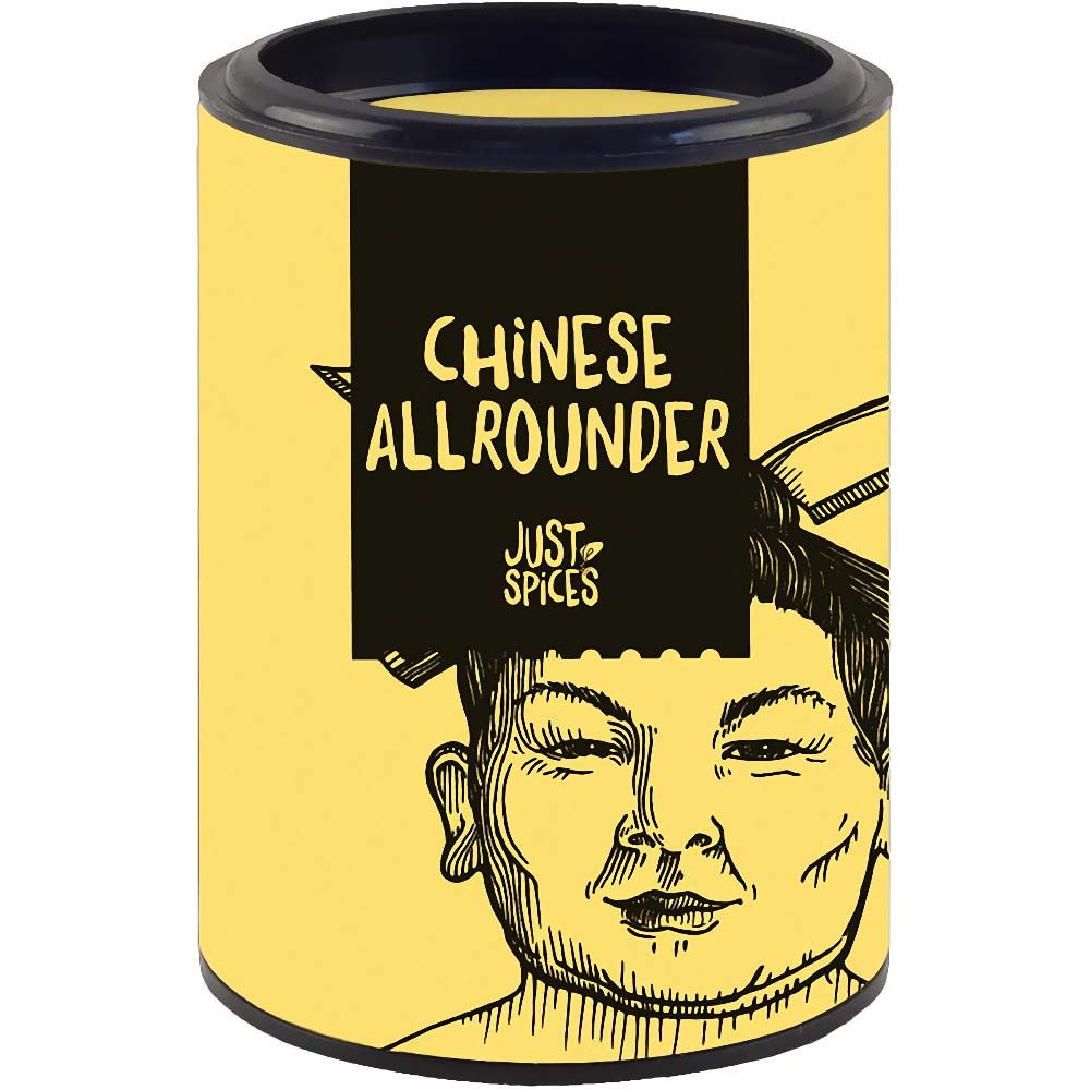 Gelbe Gewürzdose mit schwarzem Deckel. Aufschrift "CHINESE ALLROUNDER" und "JUST SPICES". Illustration eines Gesichts.