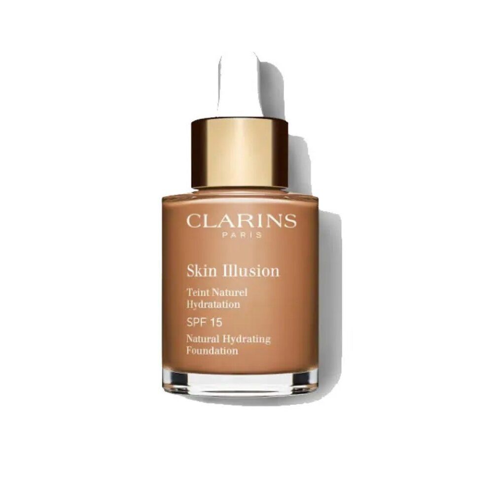 Flakon mit Flüssig-Make-up. Aufschrift: Skin Illusion, Teint Naturel Hydratation, SPF 15. Marke: Clarins.