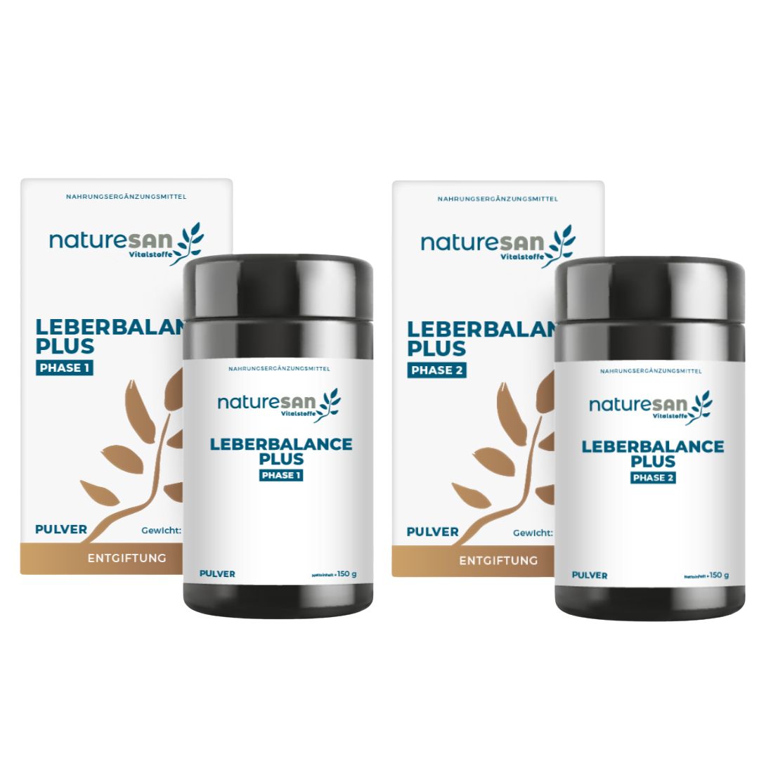 Zwei Dosen Naturesan Leberbalance Plus, Phase 1 und 2, mit Kartonverpackung. Aufschrift: Pulver, Entgiftung.