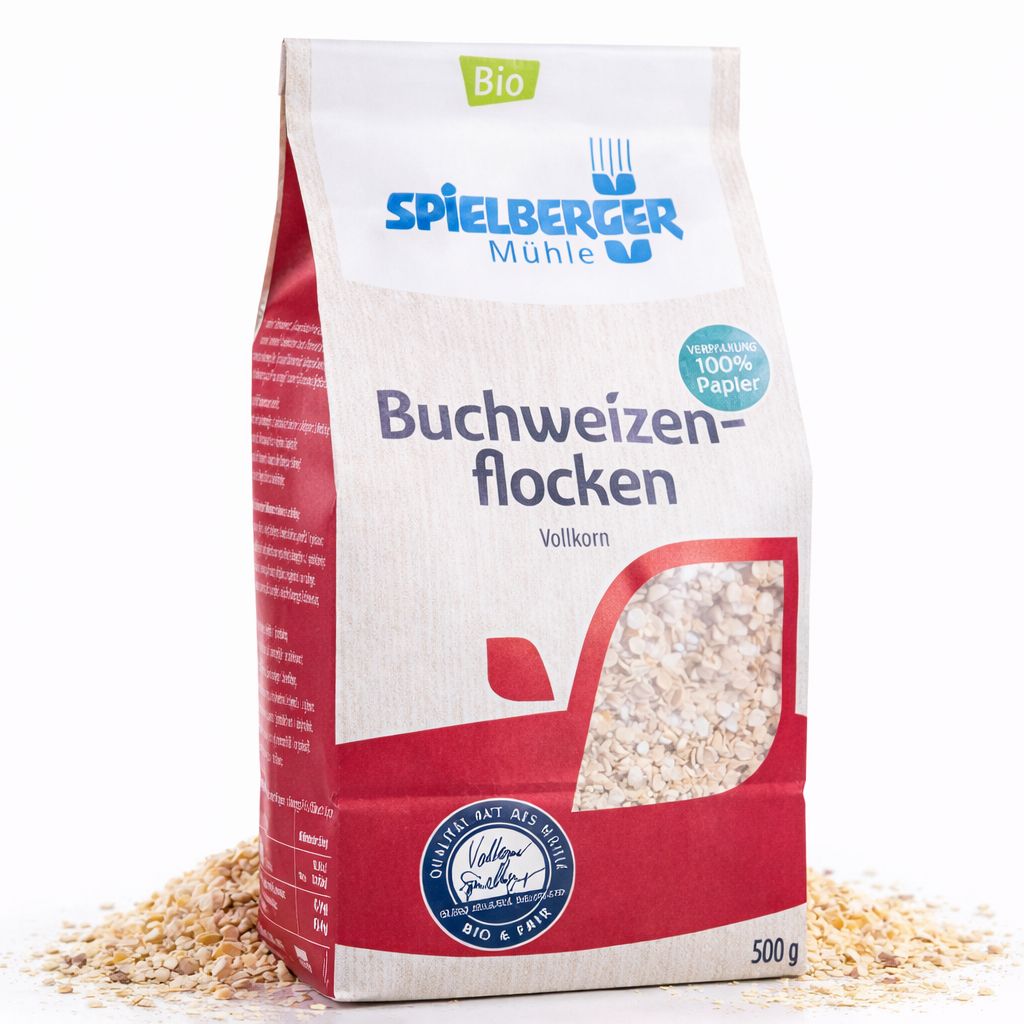 Spielberger Bio Buchweizenflocken 500g Packung, umgeben von Buchweizenflocken, mit Bio- und Fair-Siegel.