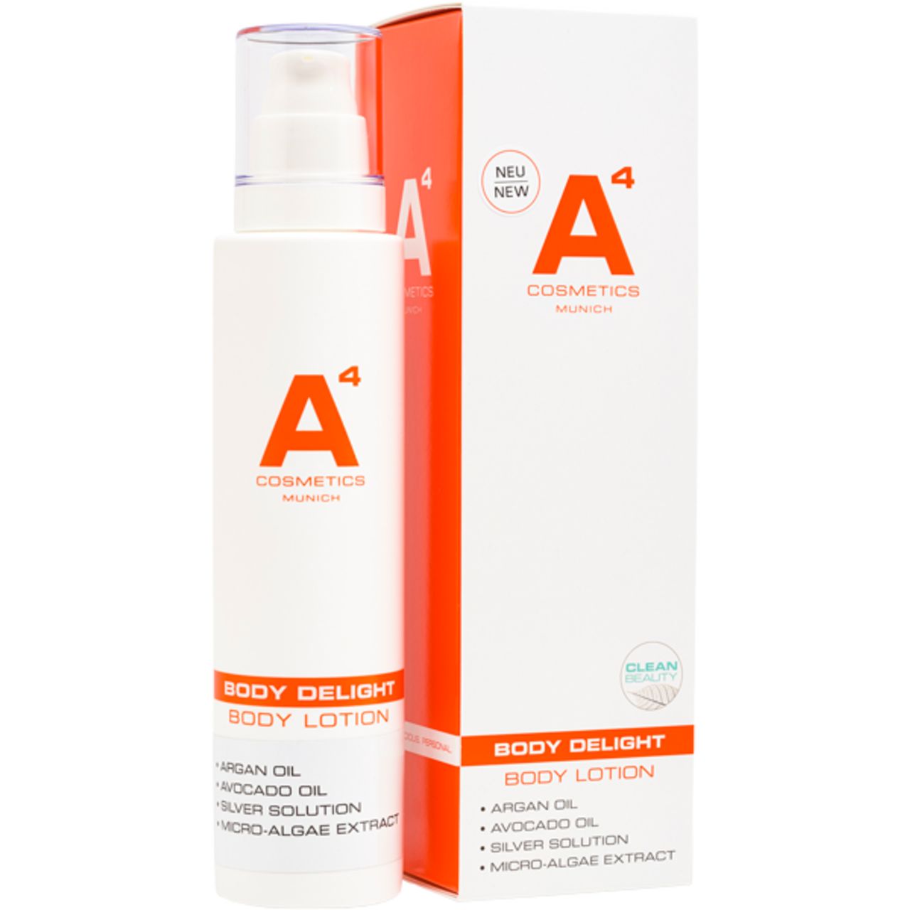 Weiße Lotionflasche mit orangefarbener Verpackung. Produktname: Body Delight Body Lotion. Enthält Arganöl, Avocadoöl, Silberlösung.