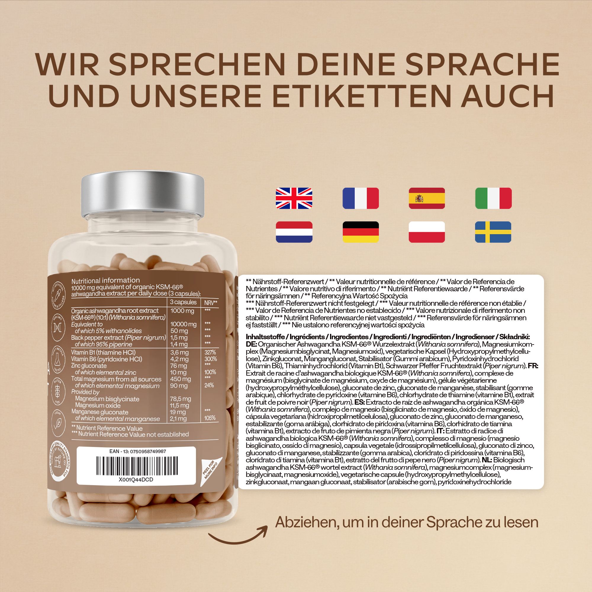 Glasflasche mit Kapseln und Text. Aufschrift: Nährwertangaben, Zutaten, Etiketten in verschiedenen Sprachen.