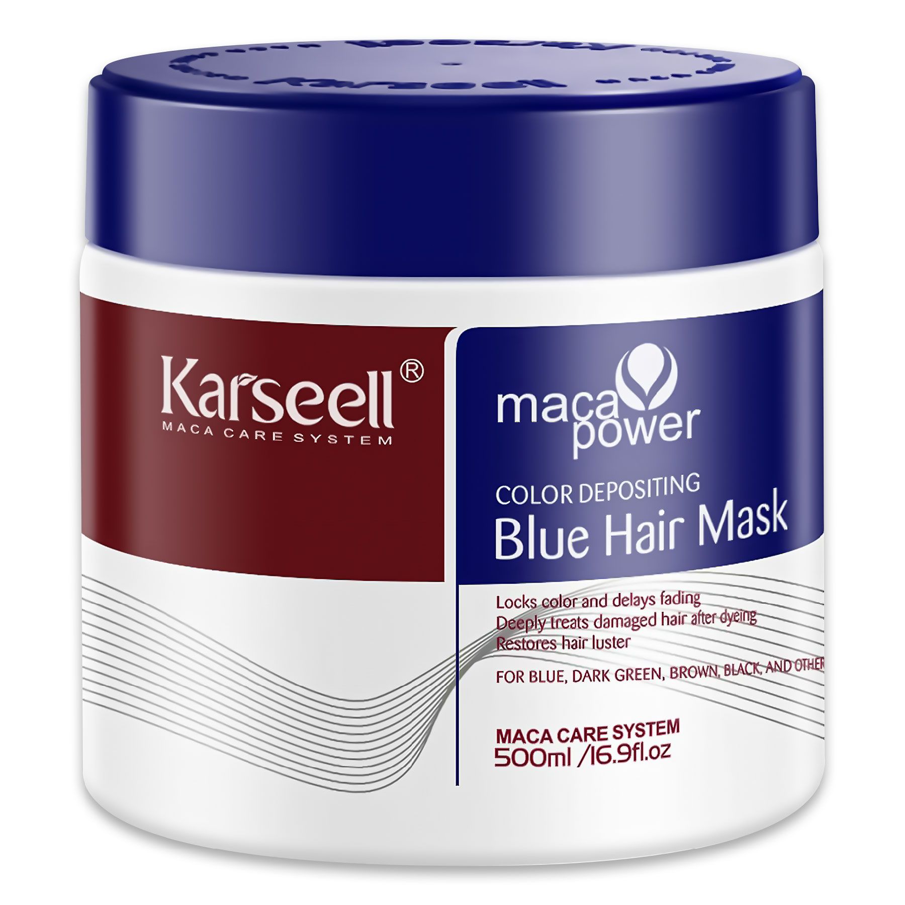 Blaue Haarmaske in einem Tiegel. Text: Karseell, maca power, Blue Hair Mask. Für blaues, dunkles, braunes, schwarzes Haar.