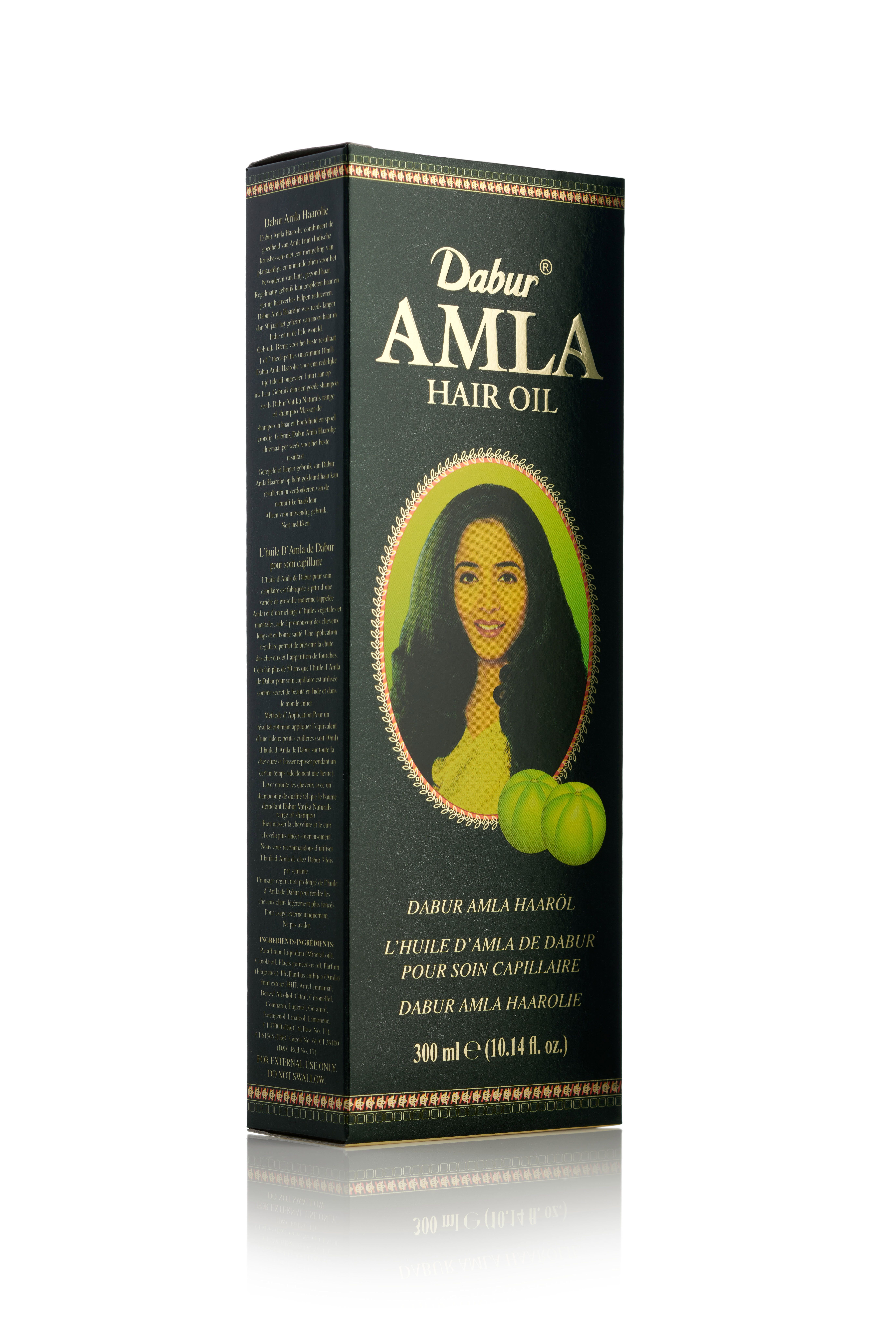 Dabur Amla Haaröl-Verpackung. Schwarze Schachtel mit Bild einer Frau und Text. 300 ml.