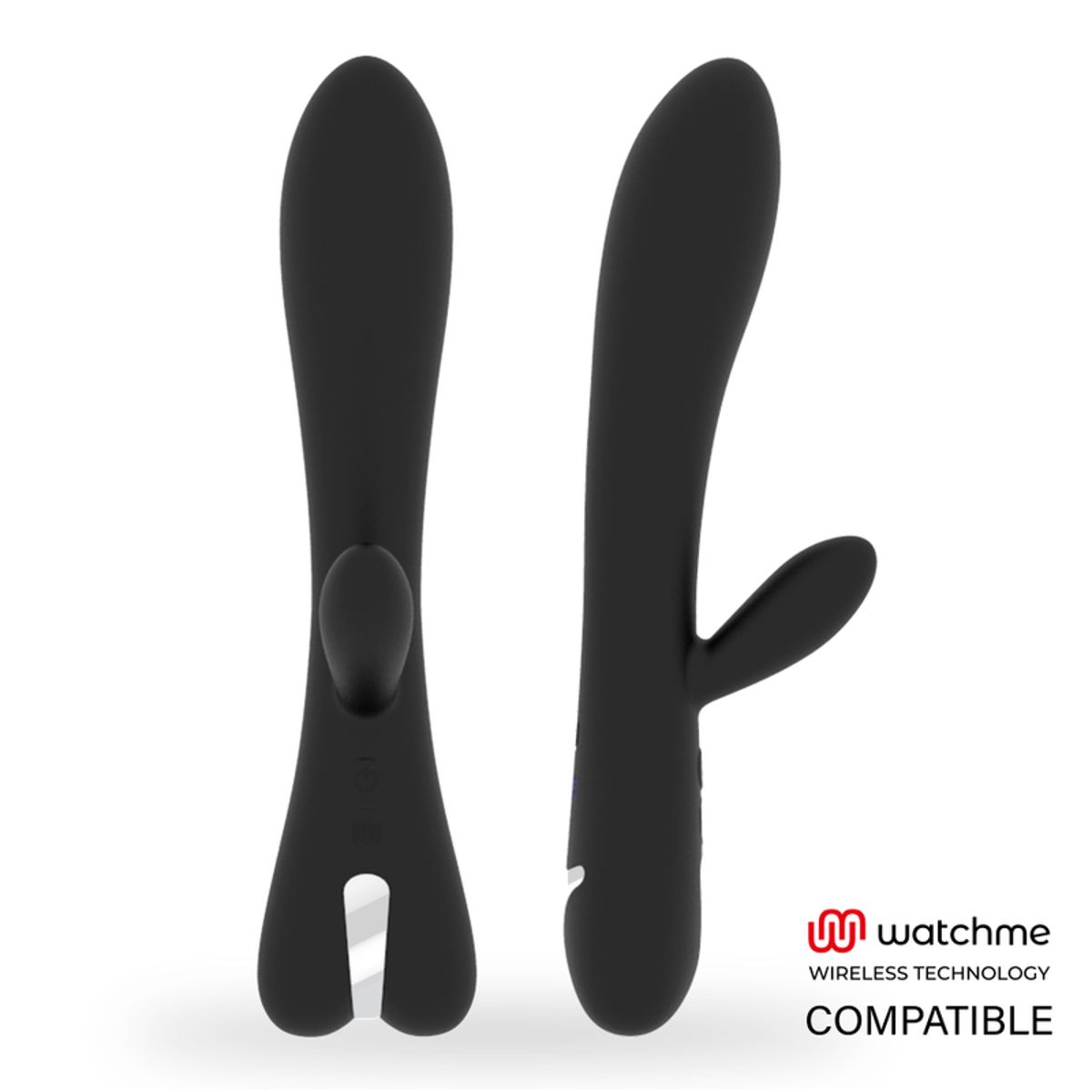 Zwei schwarze Vibratoren mit gebogener Form. Auf der rechten Seite steht "watchme WIRELESS TECHNOLOGY COMPATIBLE".