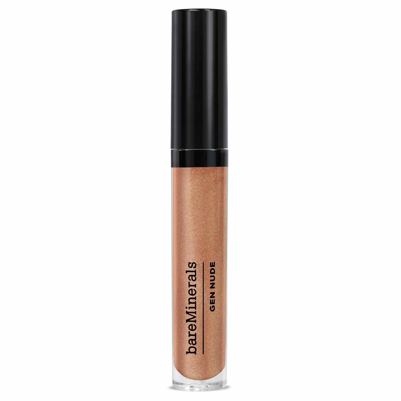 Lipgloss-Tube mit schwarzem Deckel. Aufschrift: bareMinerals, GEN NUDE. Transparente Tube mit goldfarbenem Inhalt.