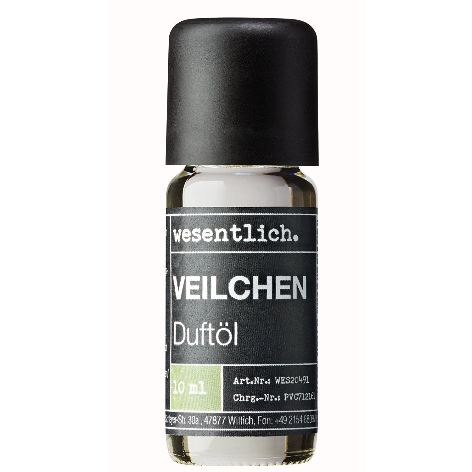 Kleine Glasflasche mit schwarzem Deckel. Etikett mit Text: Veilchen Duftöl, 10 ml. Marke: wesentlich.