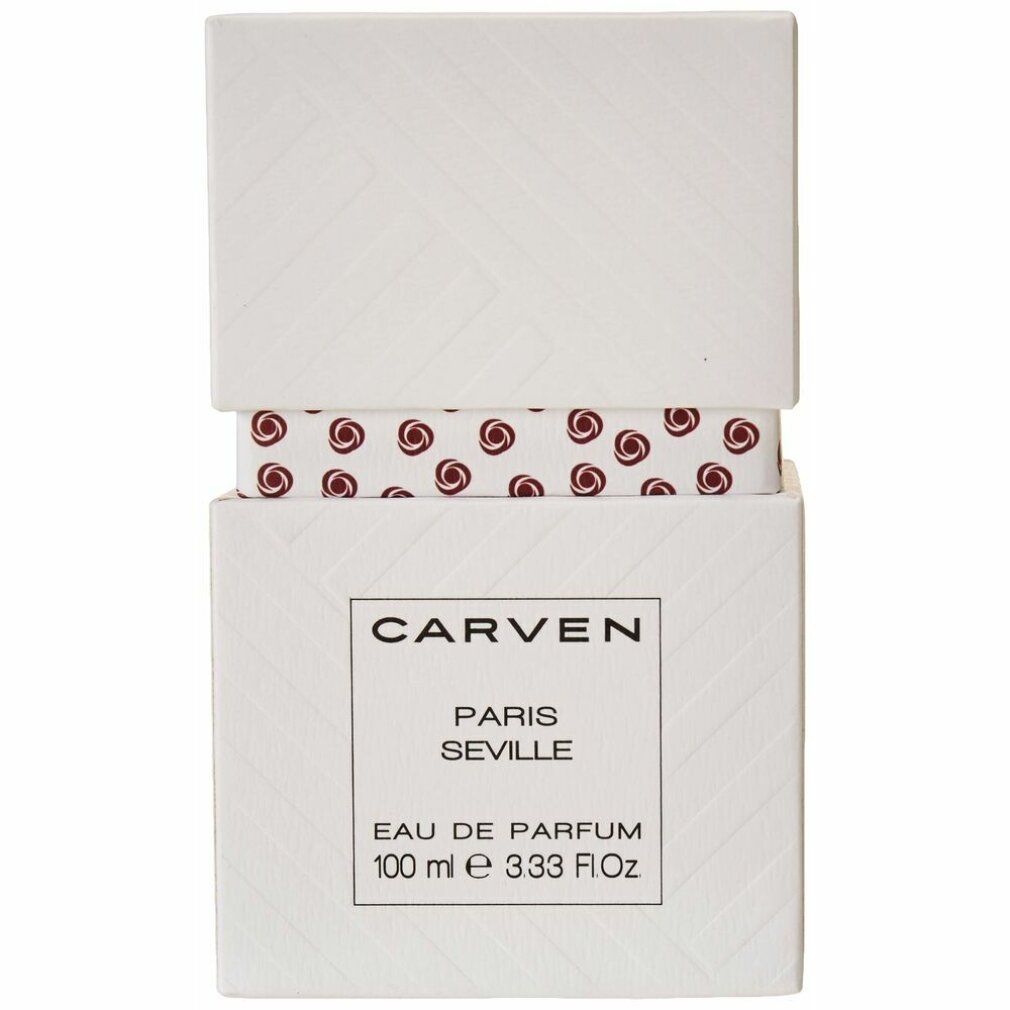 Weiße Verpackung mit CARVEN-Logo und Produktbezeichnung PARIS SEVILLE. 100 ml e 3.33 Fl.oz.