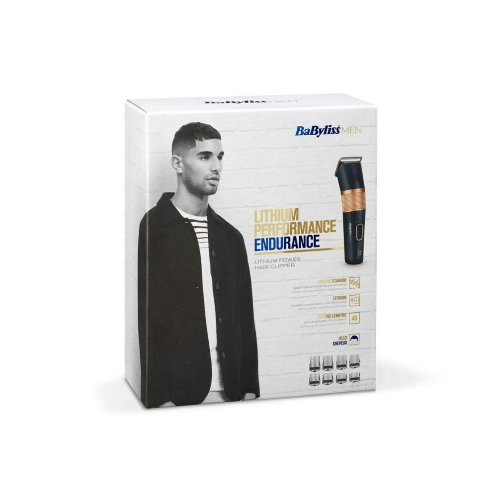 Verpackung der Haarschneidemaschine. Abgebildet ist ein Mann und die Produktabbildung.