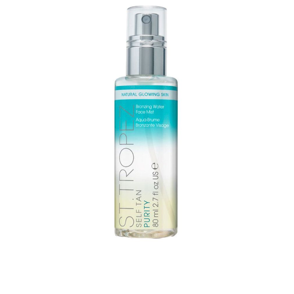 Klarflasche mit Zerstäuber. Aufschrift: St. Tropez Self Tan Purity. Produktbezeichnung und Volumenangabe.