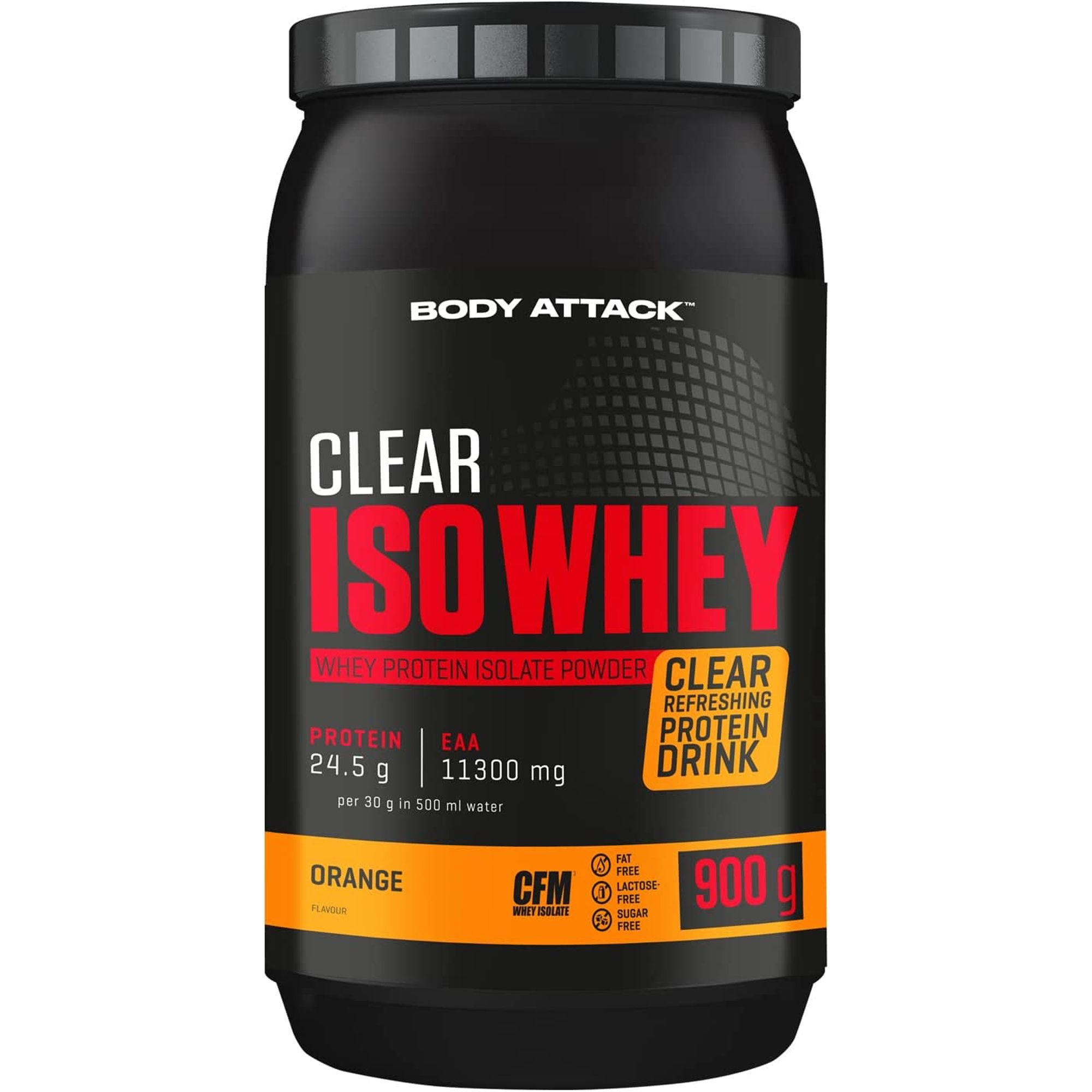 Schwarze Dose mit roter und weißer Aufschrift. "Clear Iso Whey" und "Orange" sind sichtbar. 900g.