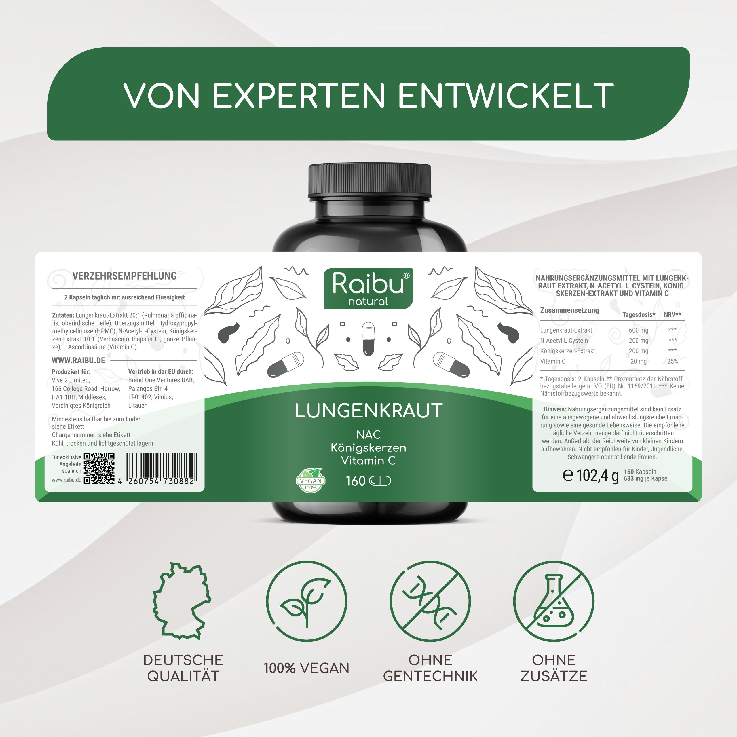 Schwarze Flasche mit Kapseln. Etikett mit Produktinformationen: Lungenkraut, NAC, Königskerzen, Vitamin C. 160 Kapseln. Siegel: Deutsche Qualität, Vegan.