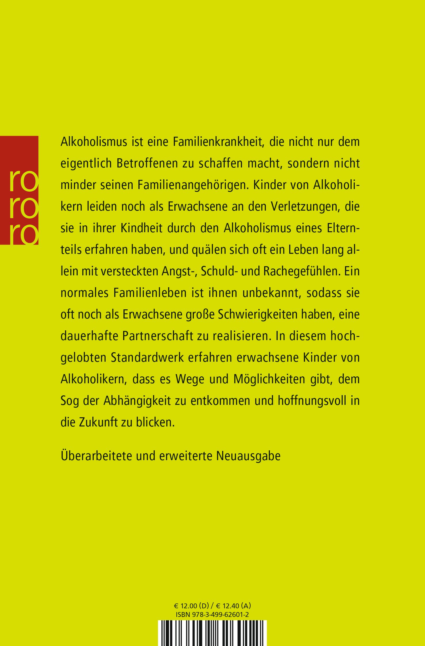 Buchrückseite mit Text über Alkoholismus und seine Auswirkungen auf Familien. Text in deutscher Sprache. Verlag Logo.