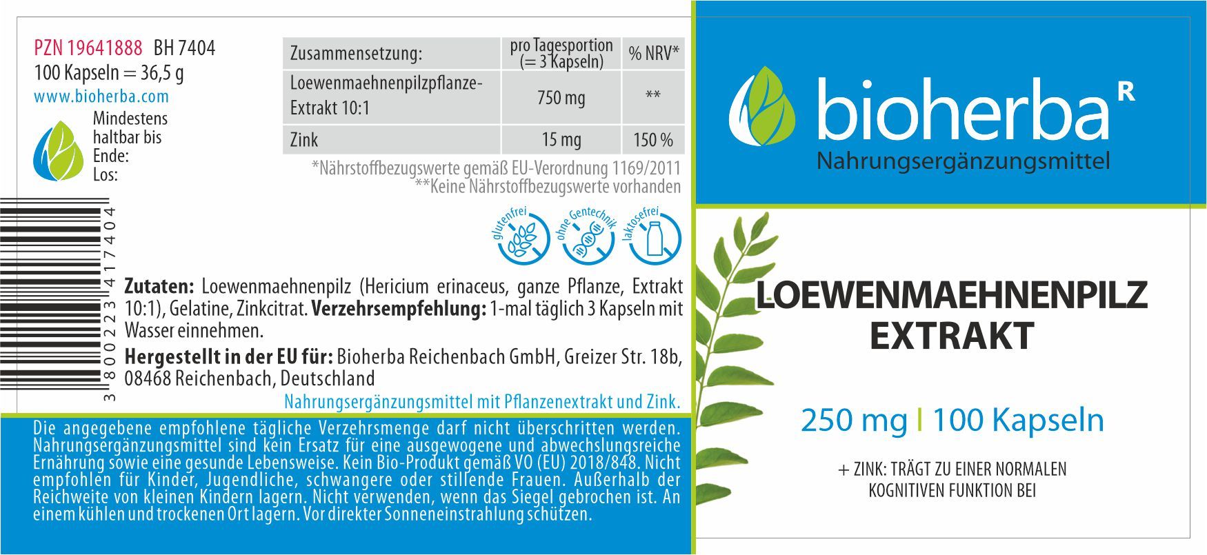 Etikett mit Informationen zu Loewenmaehnenpilz Extrakt. Enthält Angaben zu Inhaltsstoffen, Dosierung und Hersteller. Aufschrift: bioherba, 250 mg | 100 Kapseln.