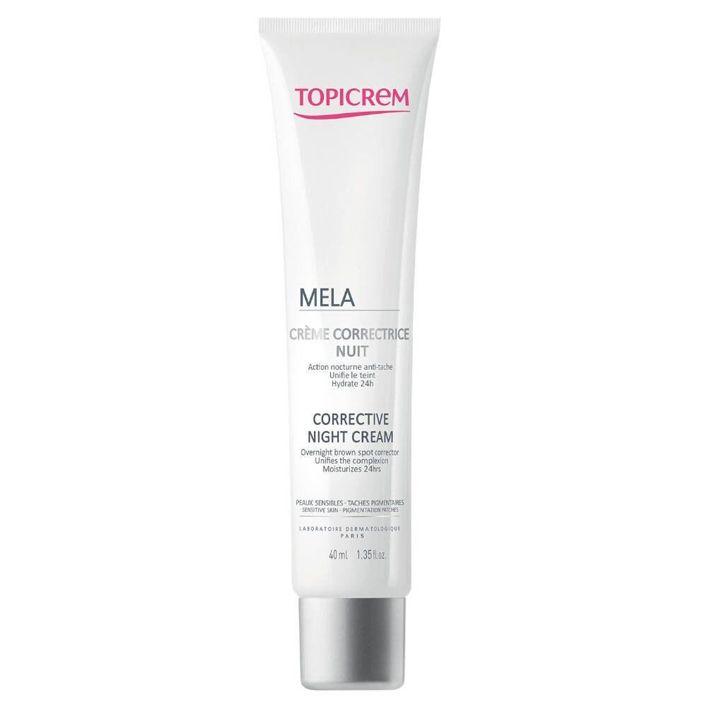 Tube blanc TOPICREM MELA, bouchon argenté. Inscription: MELA, Corrective Night Cream.