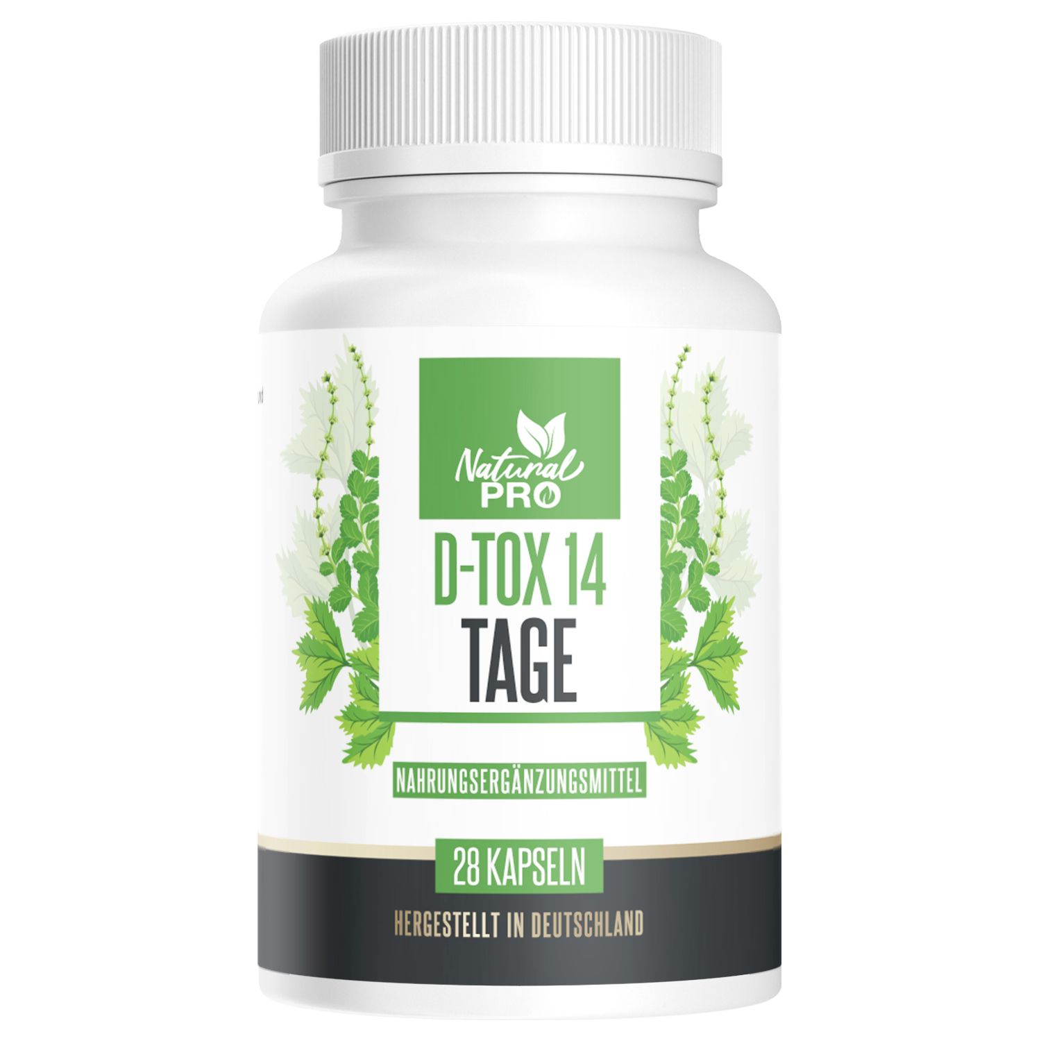 Weiße Flasche mit grünem Etikett. Aufschrift: Natural Pro D-Tox 14 Tage. Enthält 28 Kapseln. Hergestellt in Deutschland.