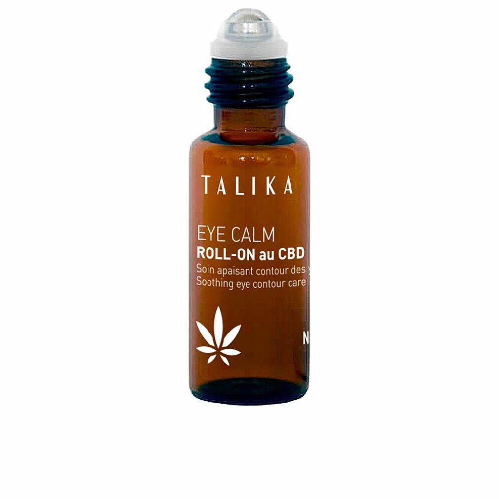 Braune Glasflasche mit Roll-on-Applikator. Aufschrift: TALIKA EYE CALM ROLL-ON au CBD. Weißes Hanfblatt-Symbol.