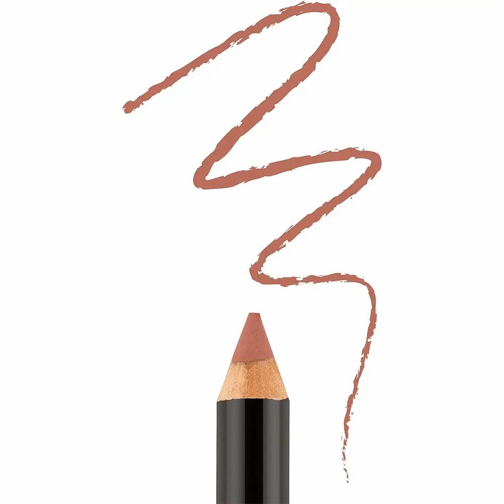 Nahaufnahme eines Lippenstifts. Braune Spitze und Strich. Schwarzer Schaft sichtbar.