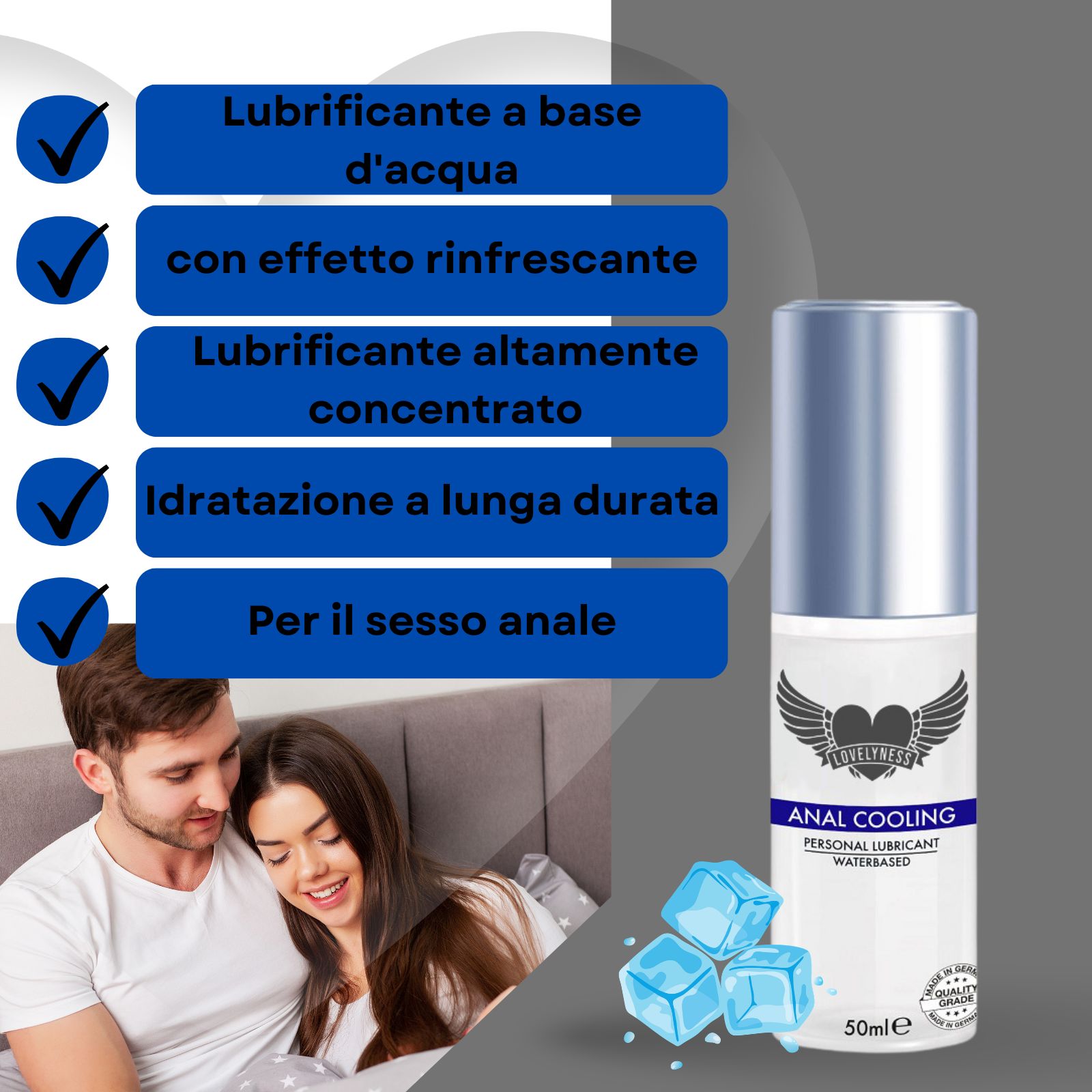Gleitgel-Flasche. Text: Anal Cooling, Personal Lubricant, Waterbased. Paar im Bett.