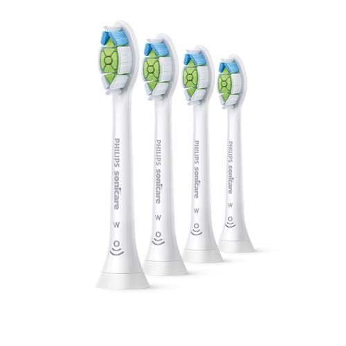 Vier weiße Philips Sonicare-Bürstenköpfe. Grüne und blaue Borsten. Aufschrift "Philips Sonicare".
